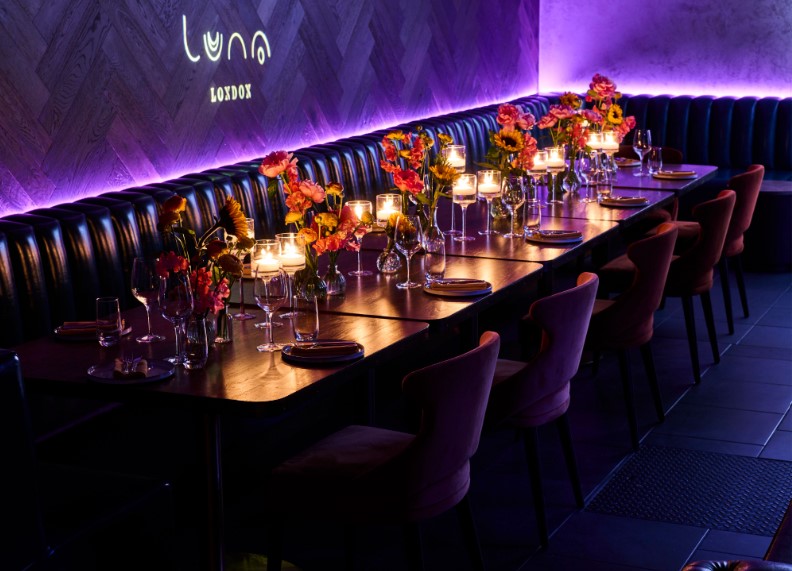 Elegant dining table at Luna Lounge, perfect for intimate gatherings and corporate events.