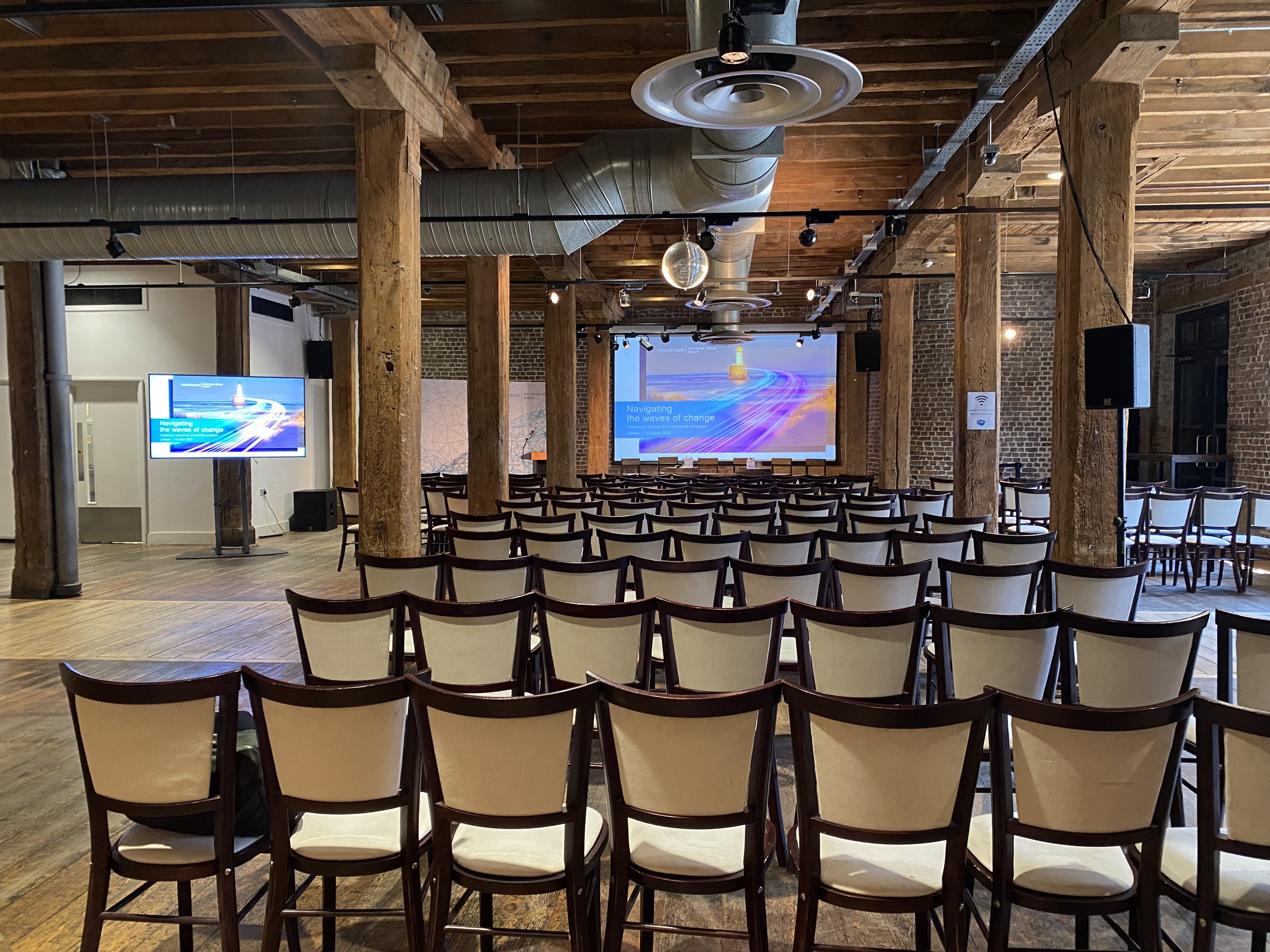 Riverside Room at London Museum Docklands, ideal for conferences with dual screens.