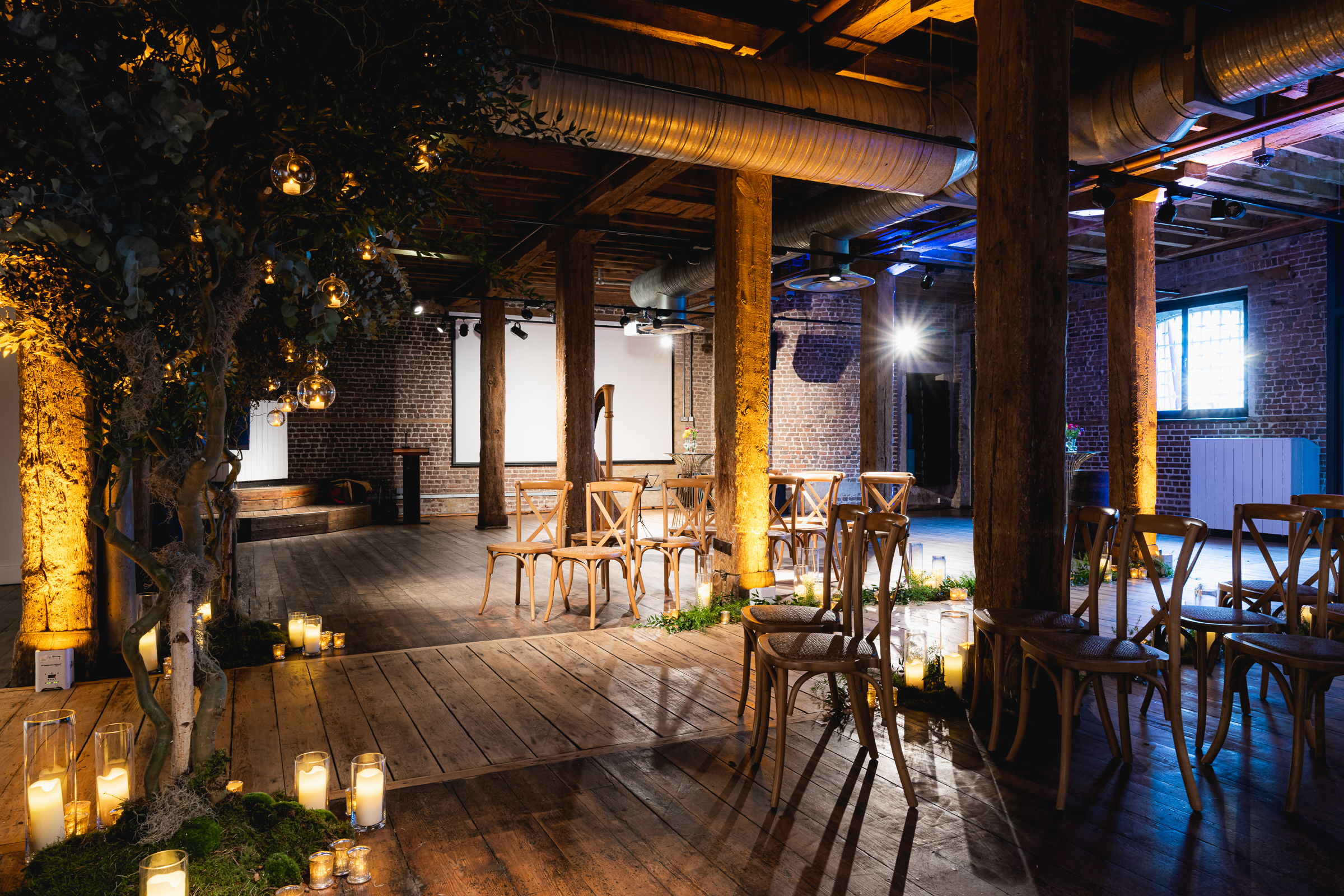 Riverside Room at London Museum Docklands, rustic beams, ideal for events and ceremonies.