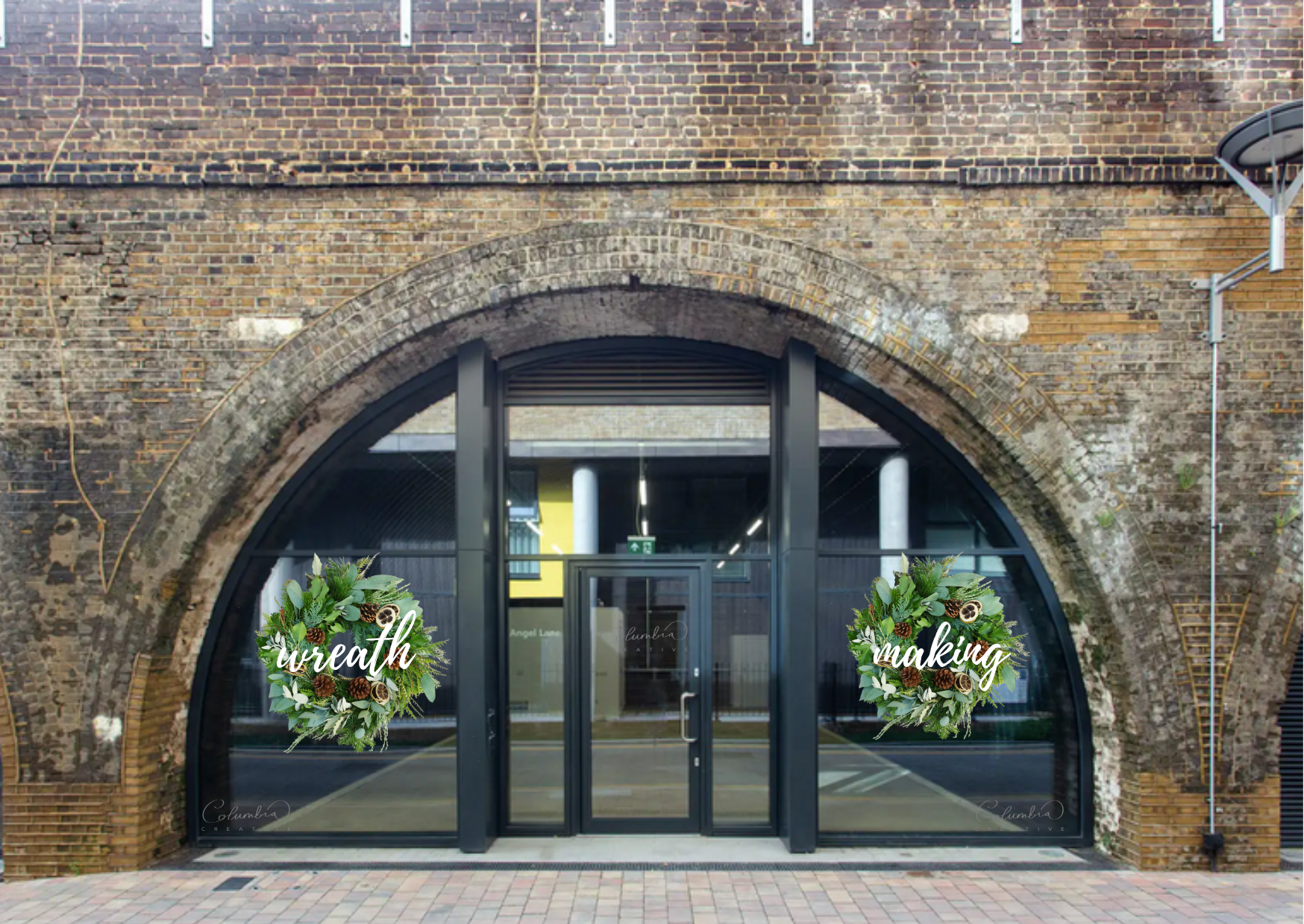 Columbia Creative Wreath Making Studio entrance with arched architecture for workshops.