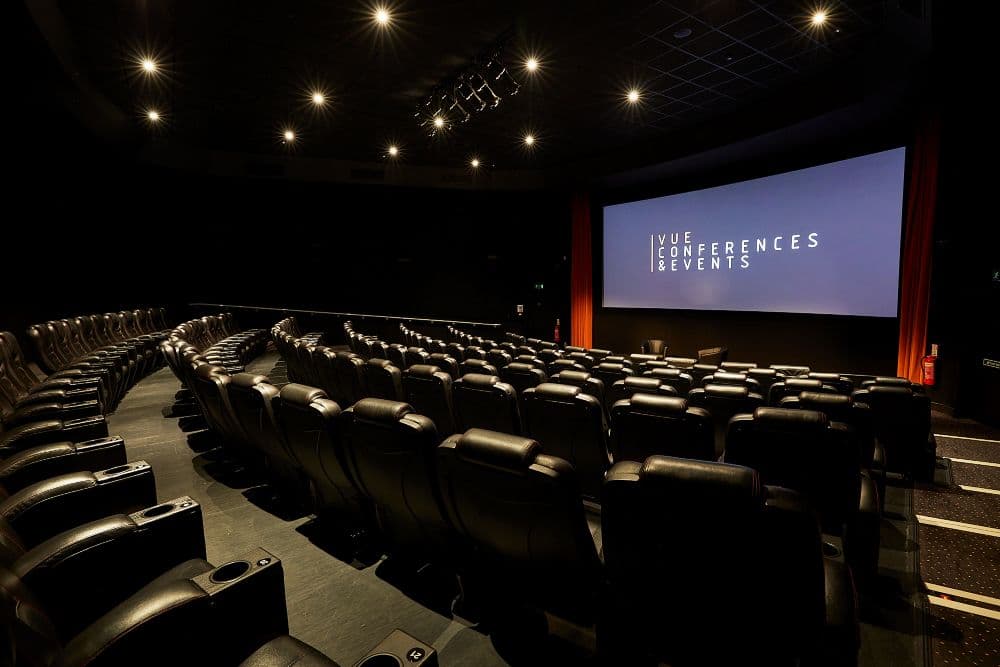 Vue West End cinema auditorium for corporate keynote presentations and town hall meetings.