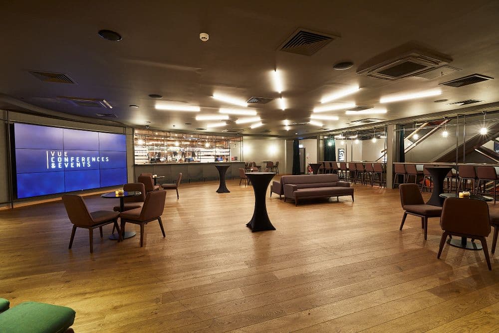 Vue West End contemporary event space with bar, ideal for networking and cocktail receptions.