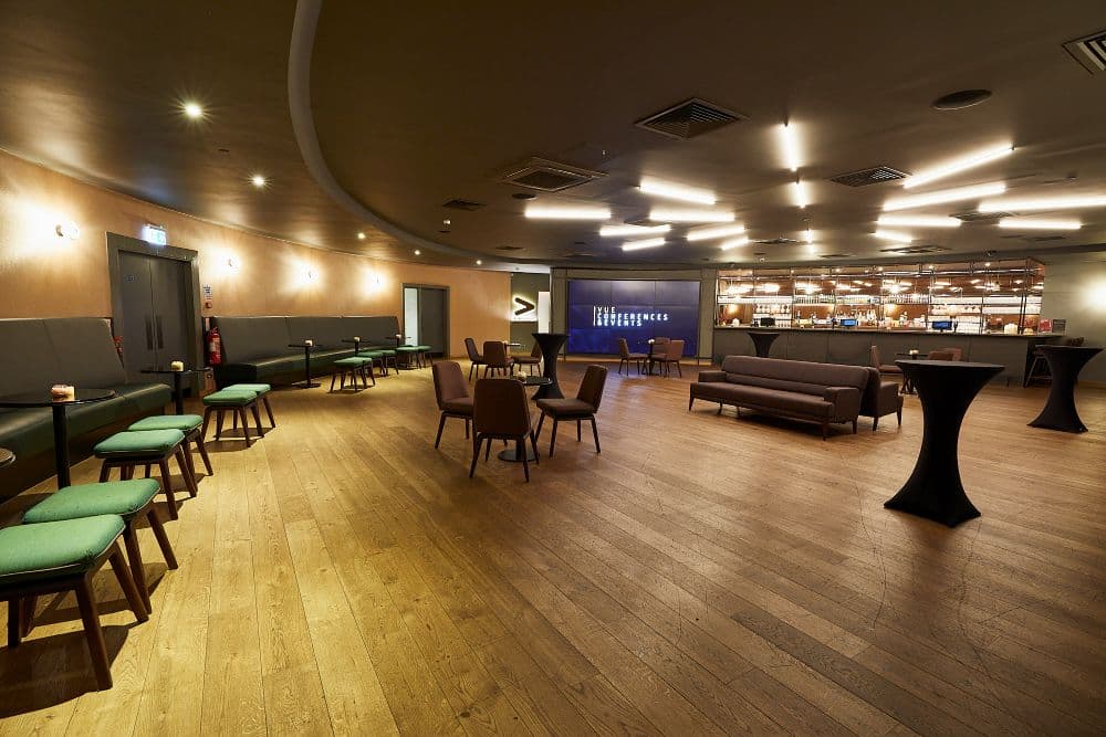 Modern Vue West End cinema breakout area with versatile seating for corporate events and networking.
