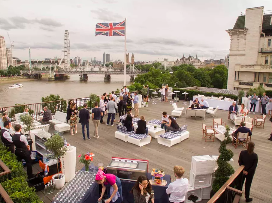 London rooftop reception, skyline view, corporate event, product launch