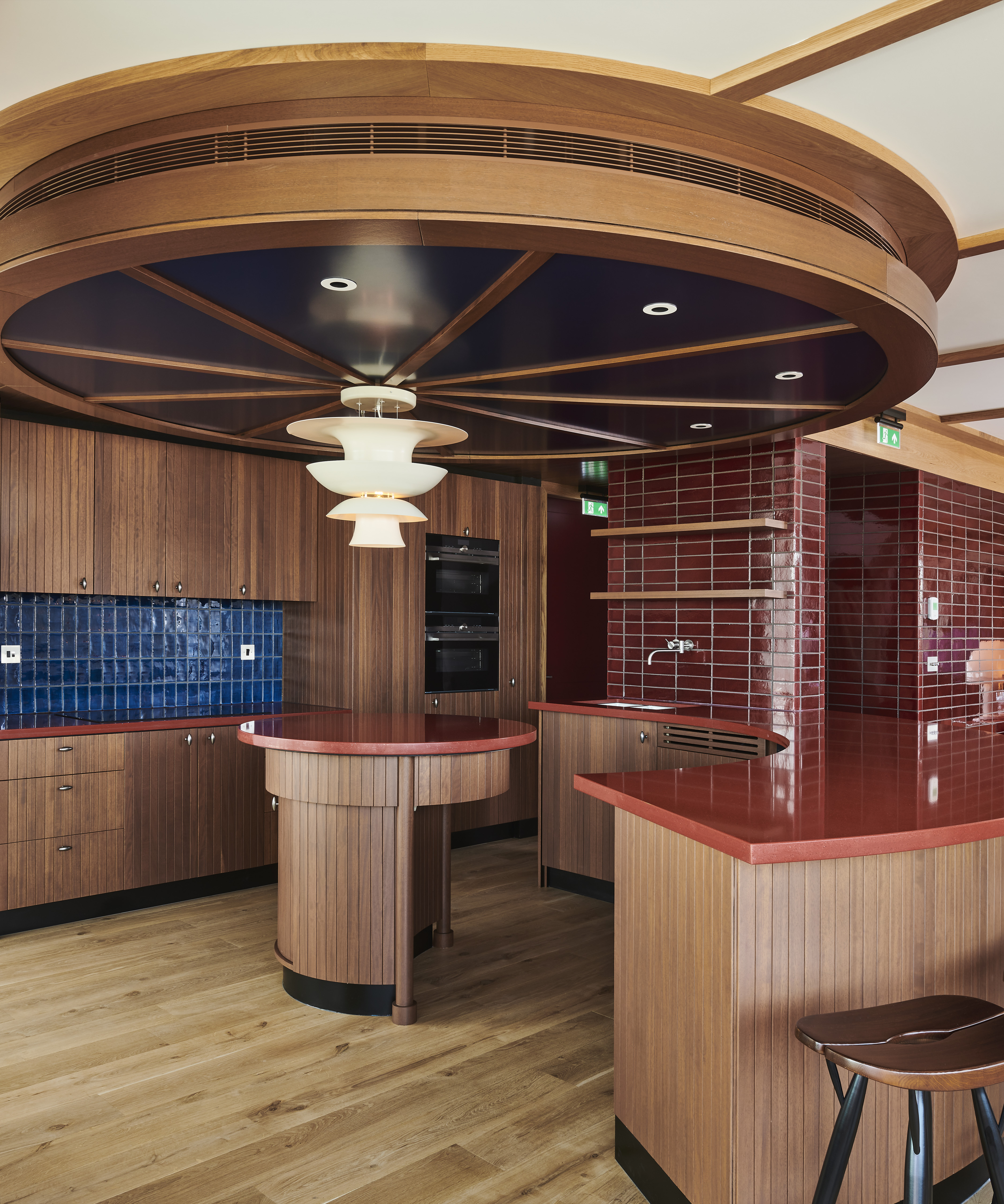 Modern kitchen in The Standard, London, ideal for events with sleek cabinetry and vibrant tiles.