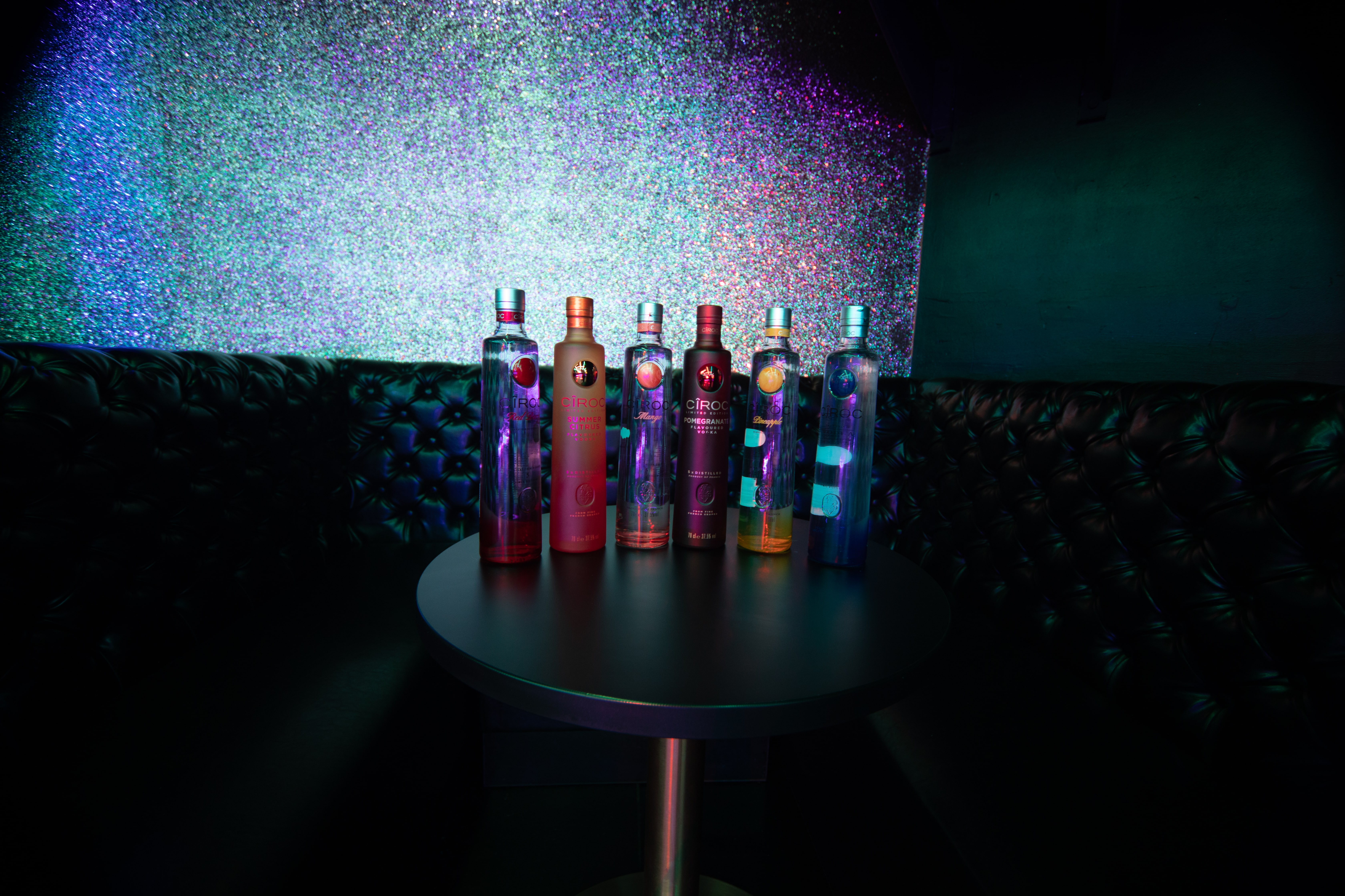 Stylish vodka display in Aura Tunbridge Wells for upscale cocktail receptions and parties.