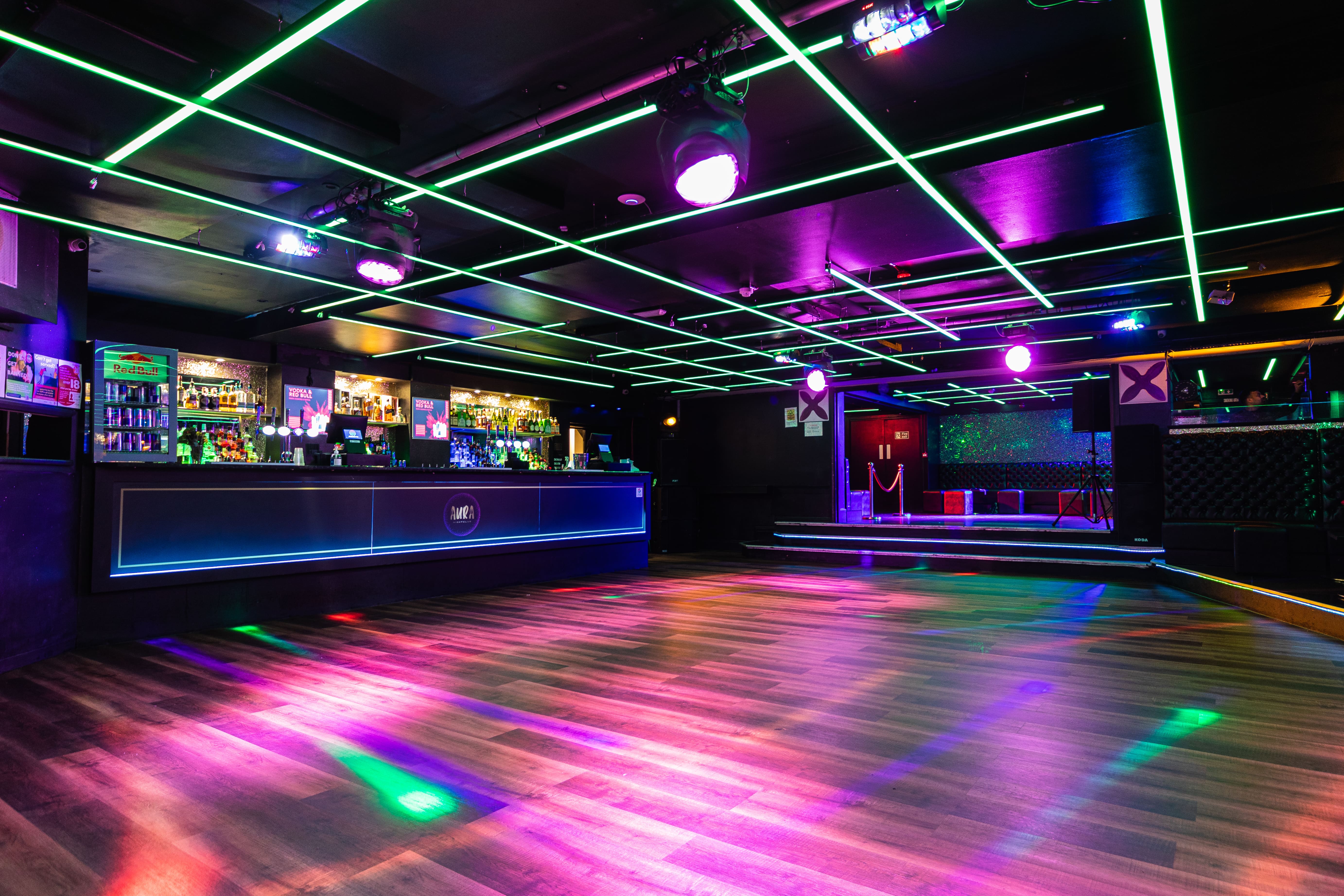 Main Room at Aura Tunbridge Wells with LED dance floor for events and parties.