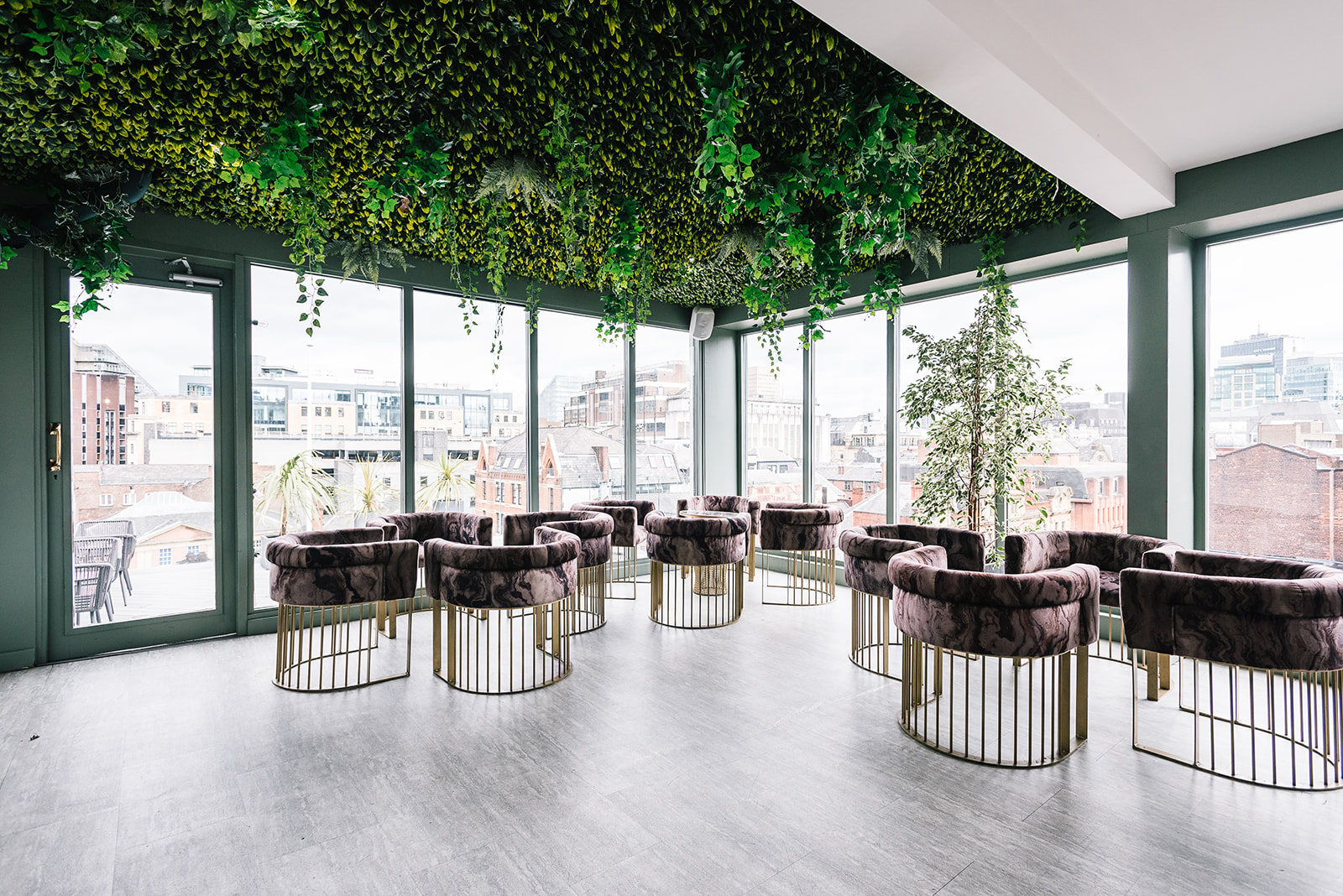 John Rylands Rooftop in Manchester Hall, modern seating, ideal for networking events.