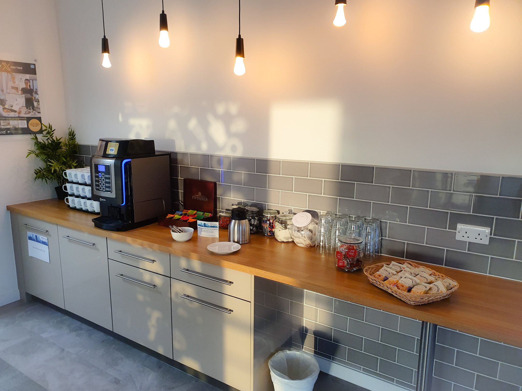Refreshment station at NRC Birmingham, featuring coffee and snacks for events and meetings.