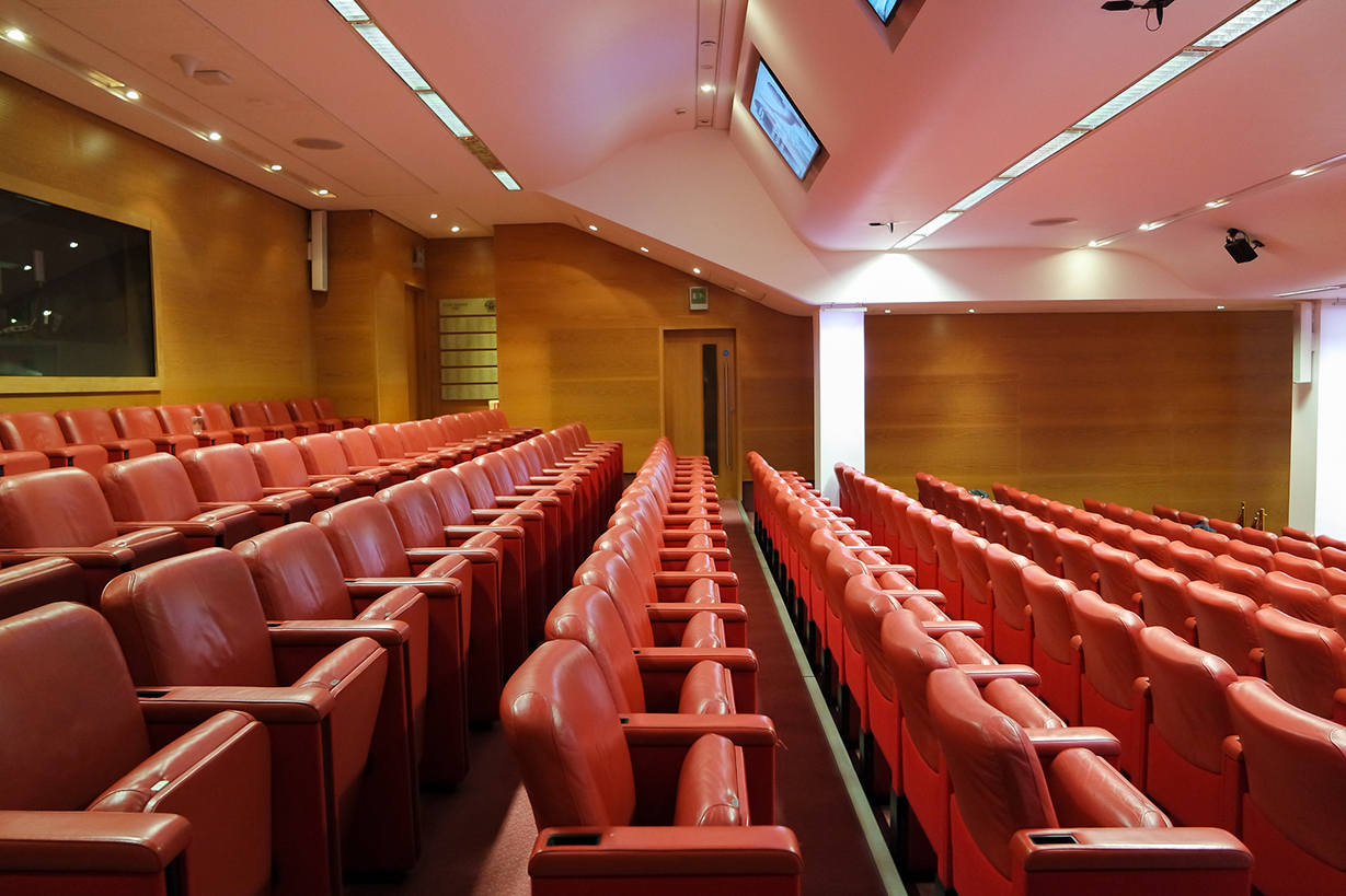 Modern Guy Whittle Auditorium with red leather seating, ideal for presentations and lectures.