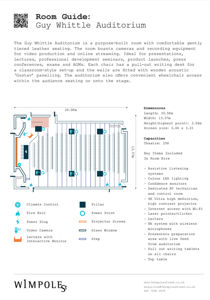 Guy Whittle Auditorium floor plan for conferences with AV support and climate control.