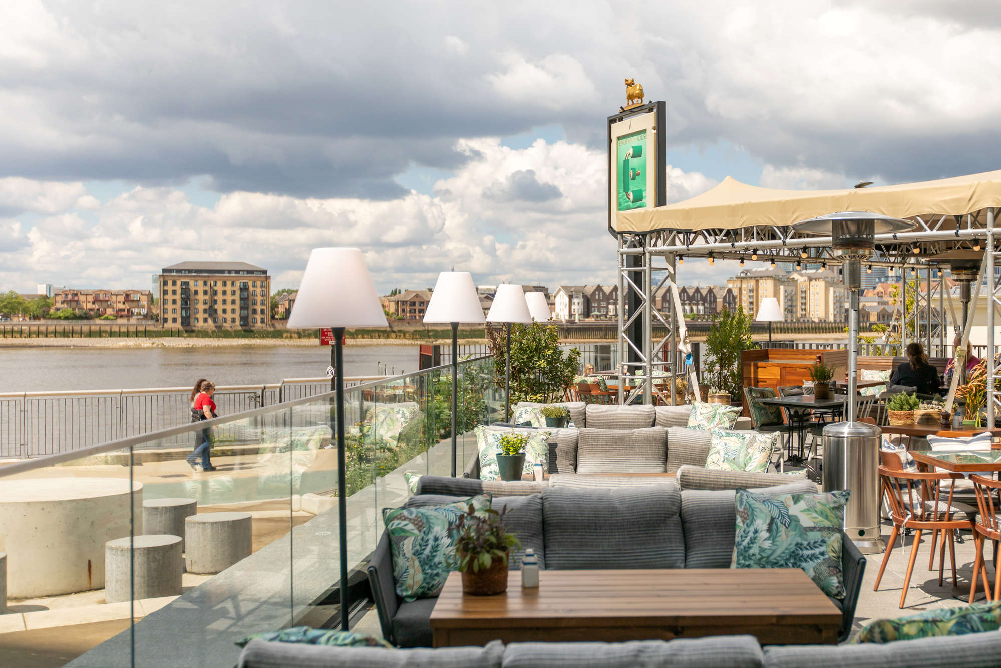 Stylish Roof Terrace at Enderby House with scenic water view for social events.