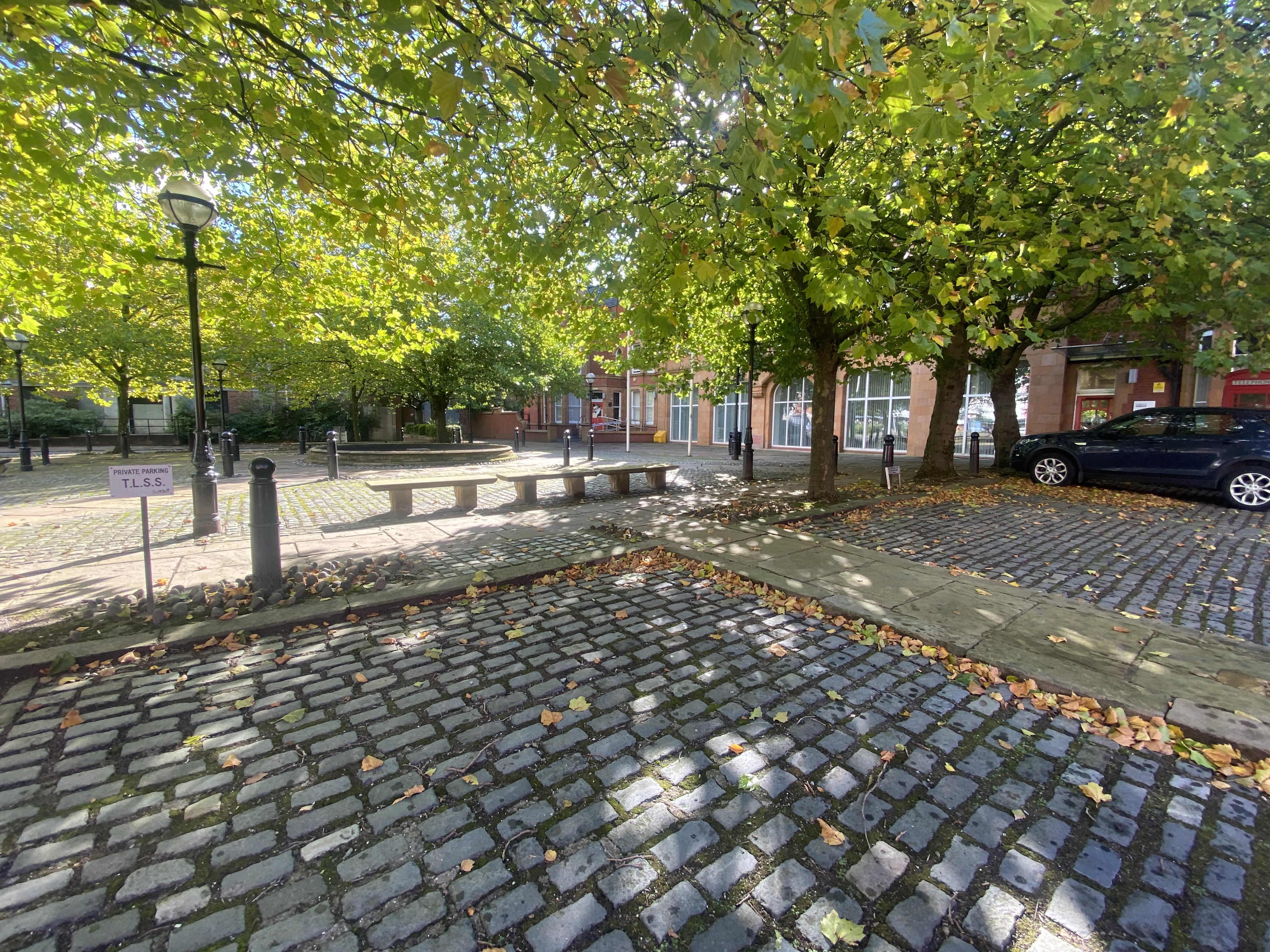 Outdoor venue at Albert Bentley Place with cobblestone paths for networking events.