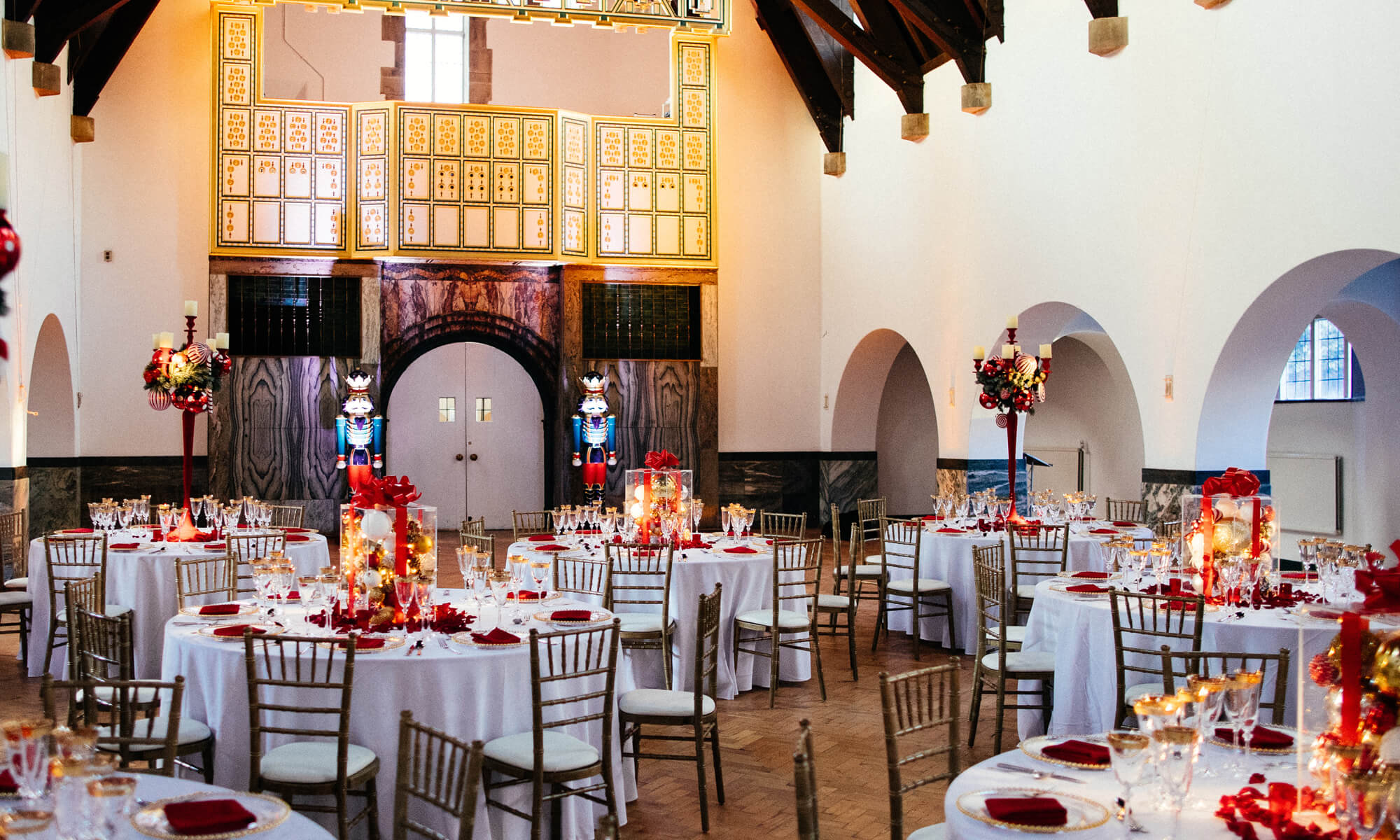Elegant banquet hall at Daisy Bank Manor with white linens, perfect for weddings and events.