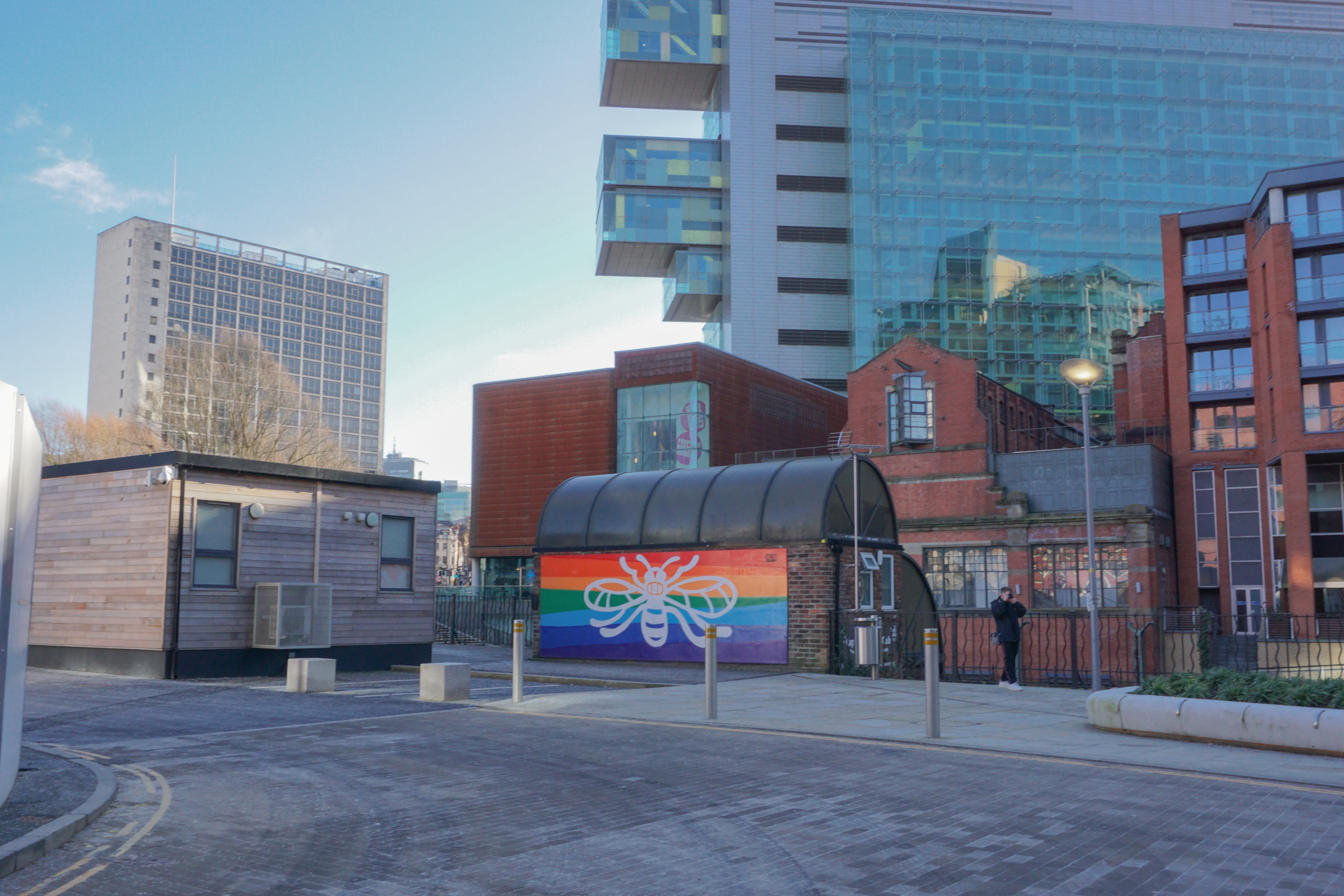 Vibrant urban venue in Stanley Square with colorful mural for creative events.