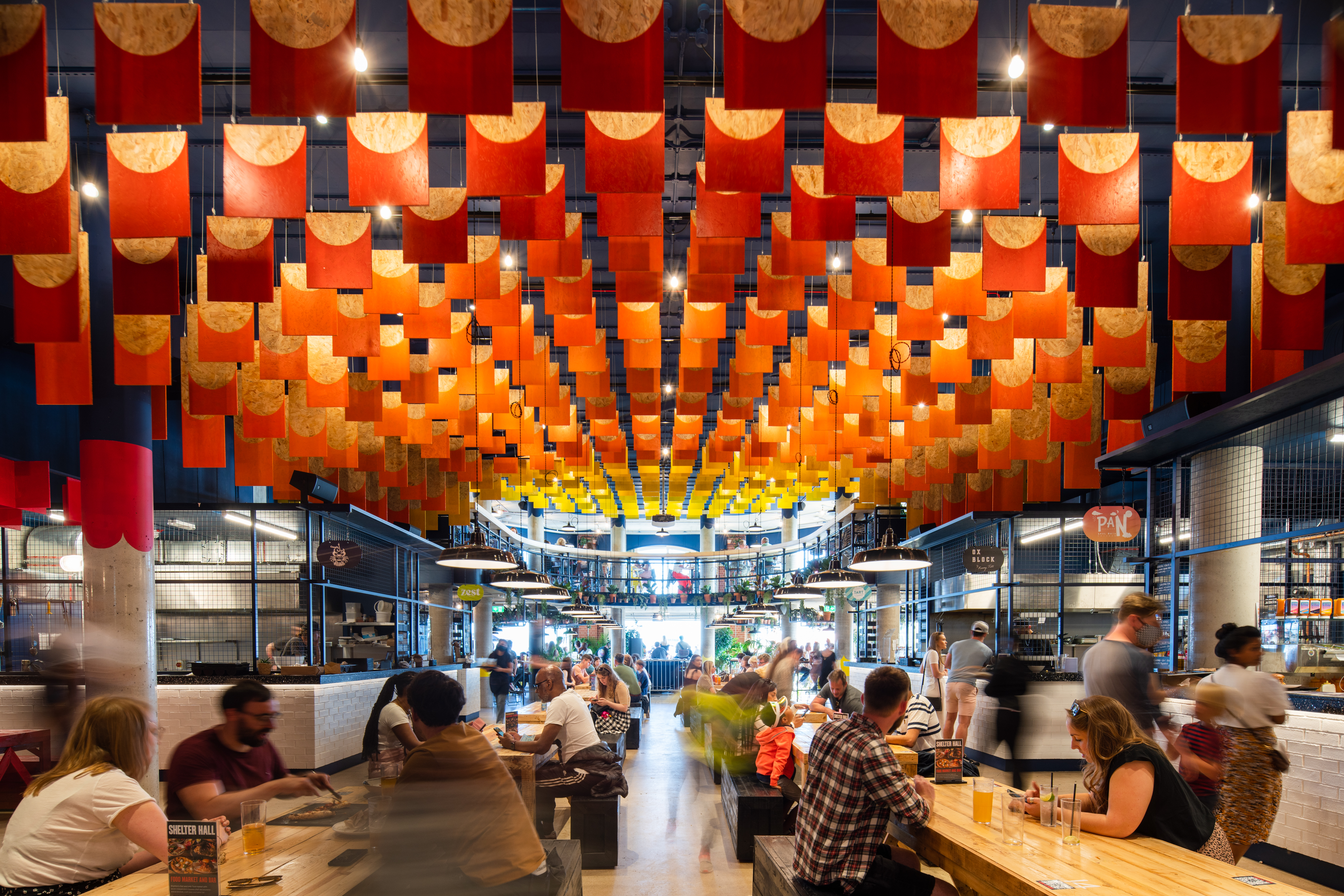 Vibrant event space in Shelter Hall with colorful decor for social gatherings.