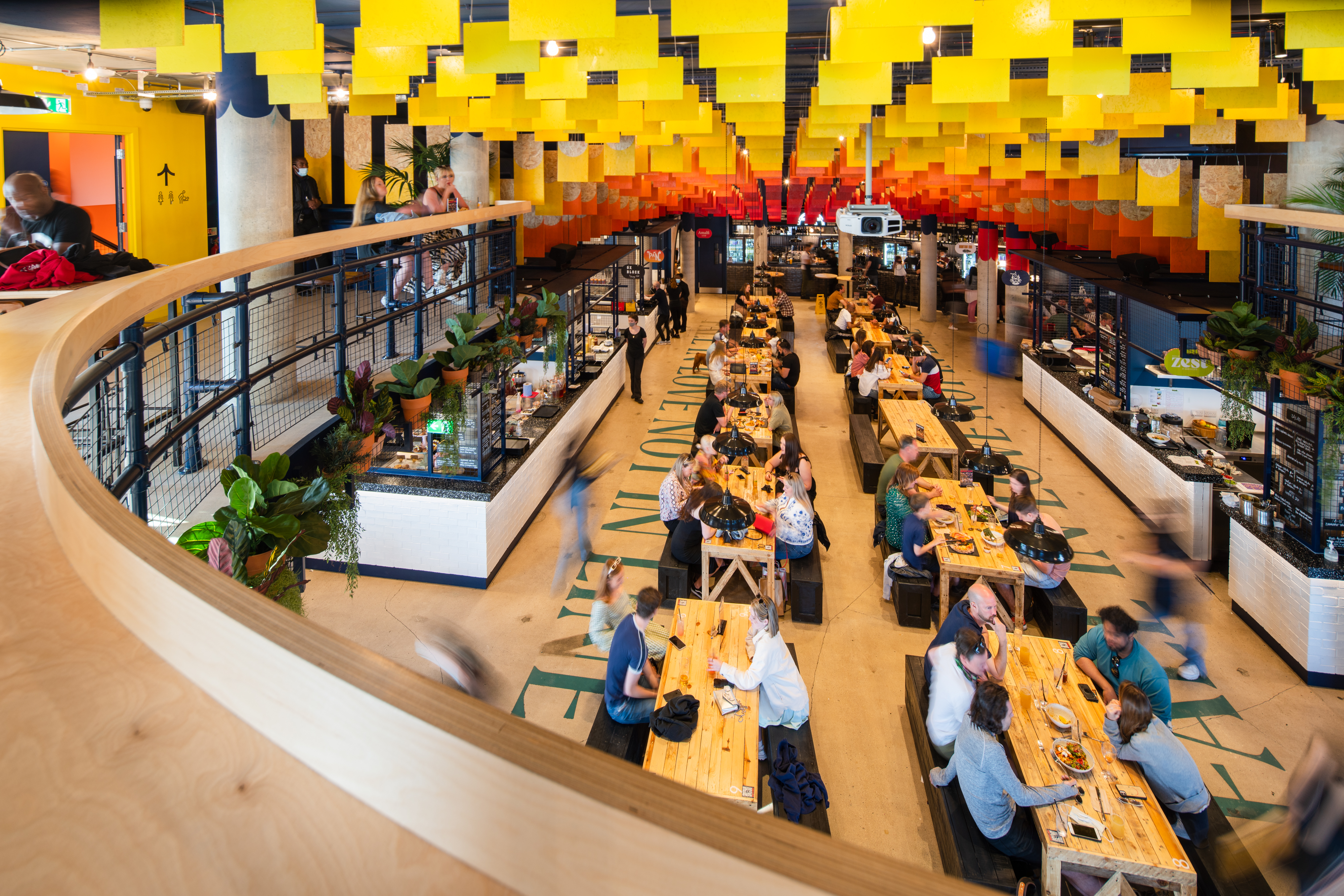 Vibrant modern dining space at Shelter Hall for casual meetings and networking events.