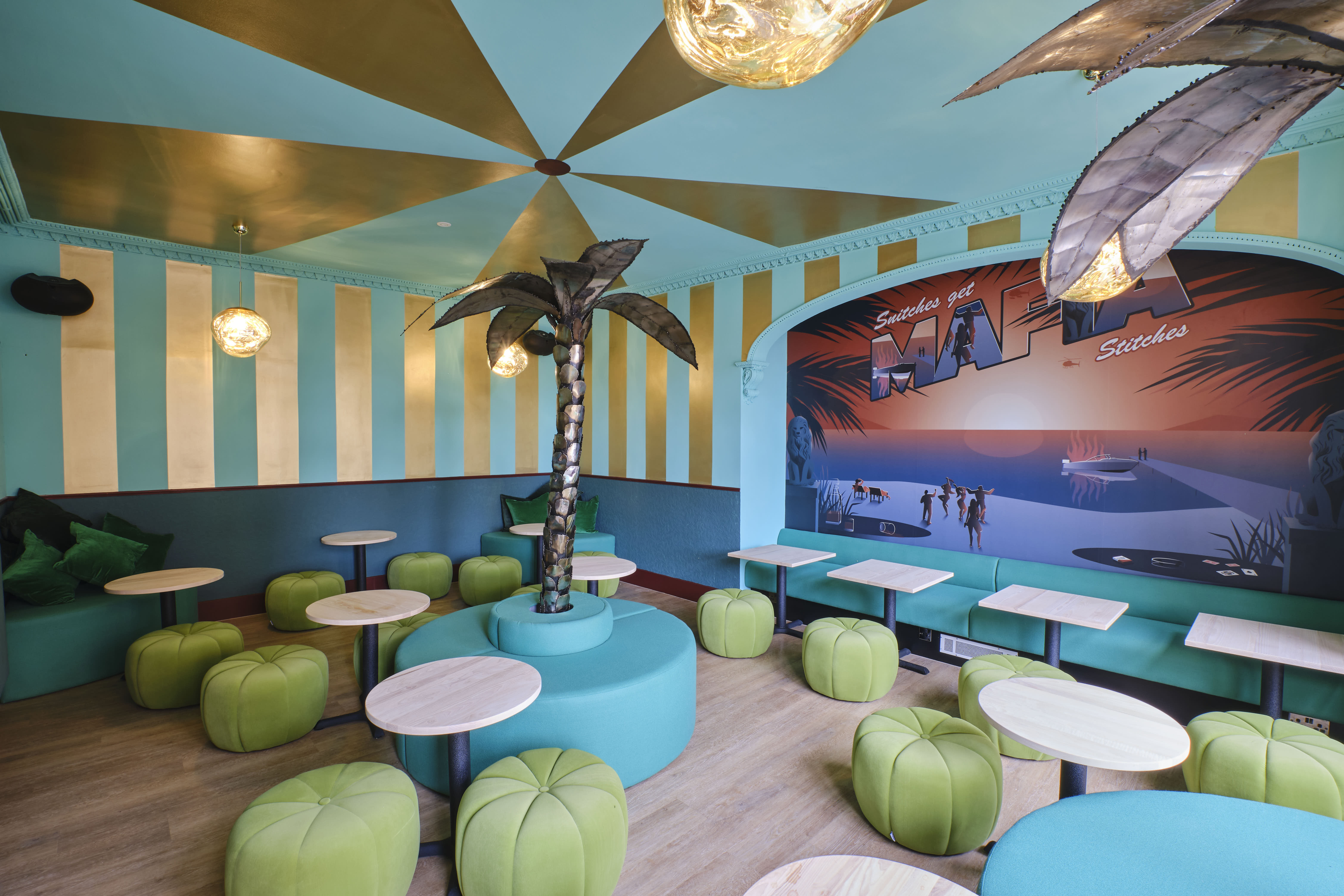 Vibrant Miami Bay event space with tropical decor for casual gatherings and meetings.