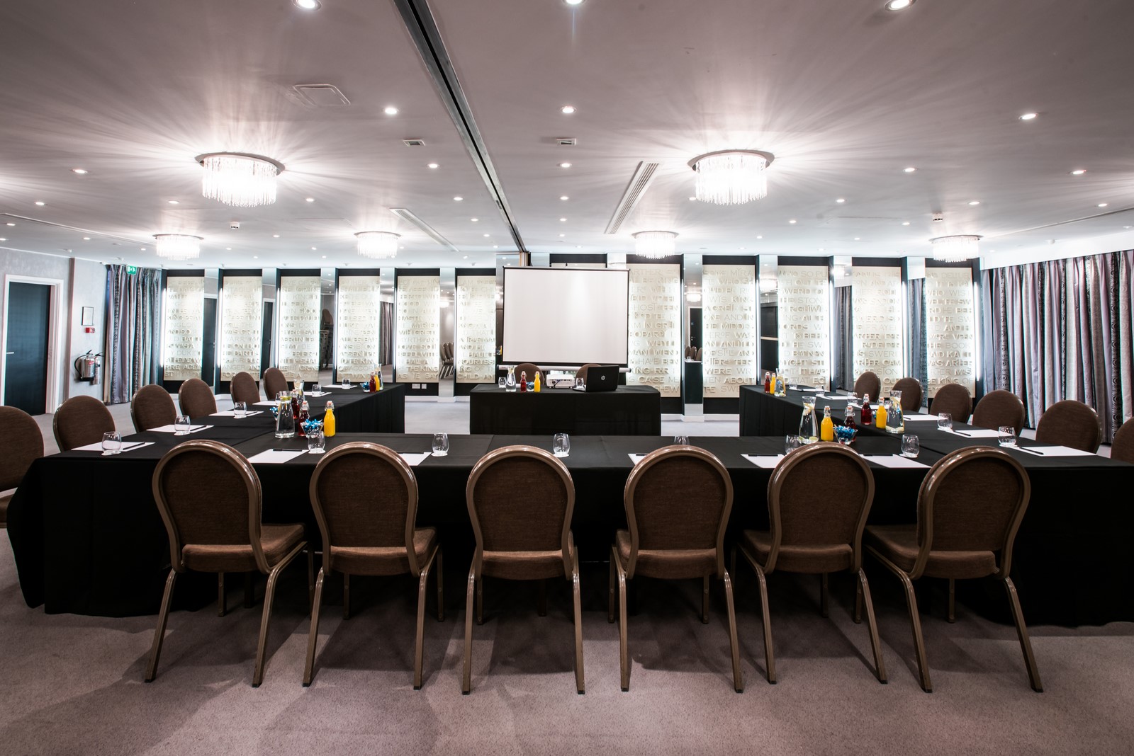 Crystal Room at Winchester Hotel: U-shaped meeting setup for corporate events.