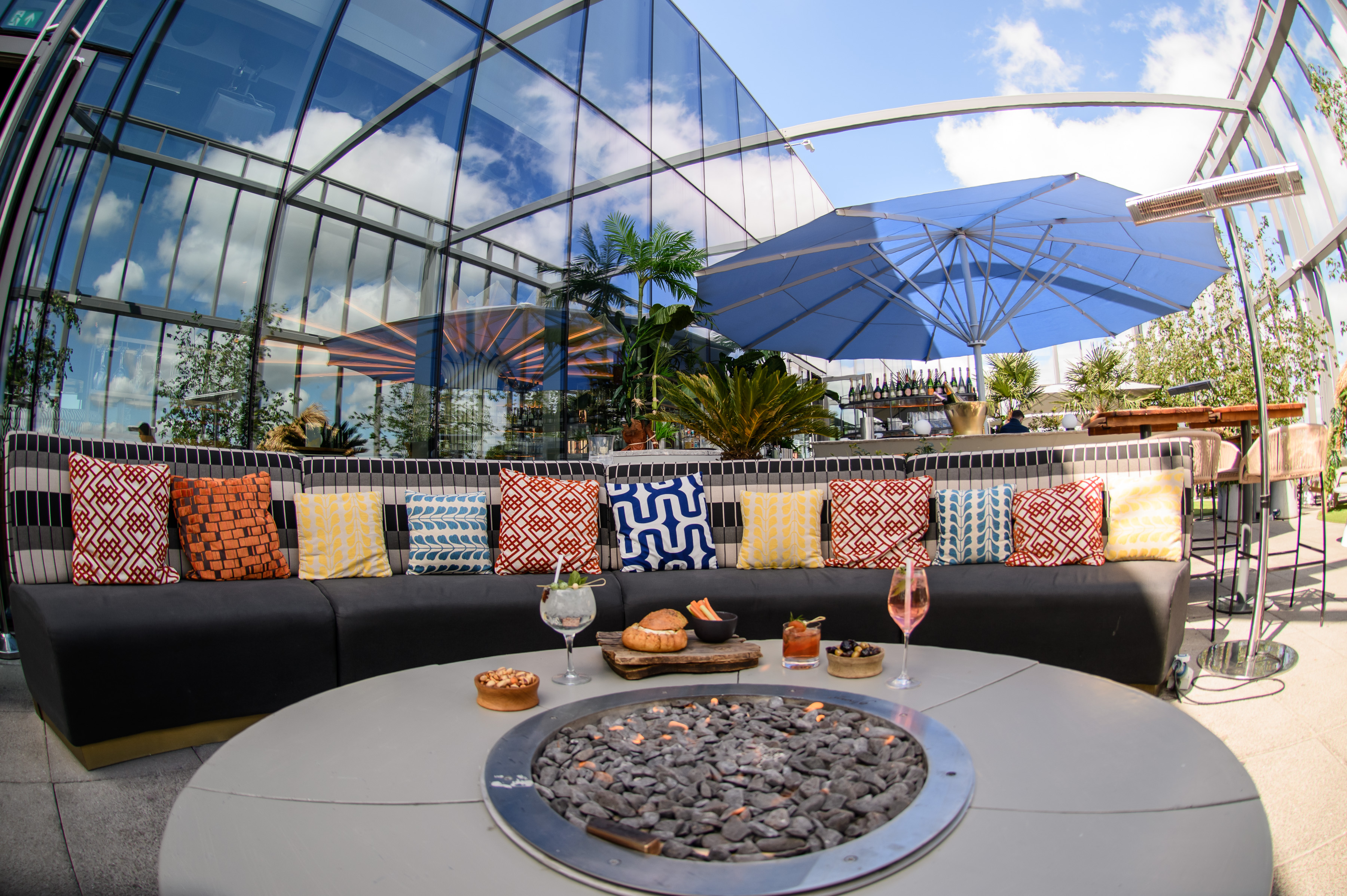 Stylish outdoor lounge at 20 Stories Restaurant, ideal for networking events and meetings.