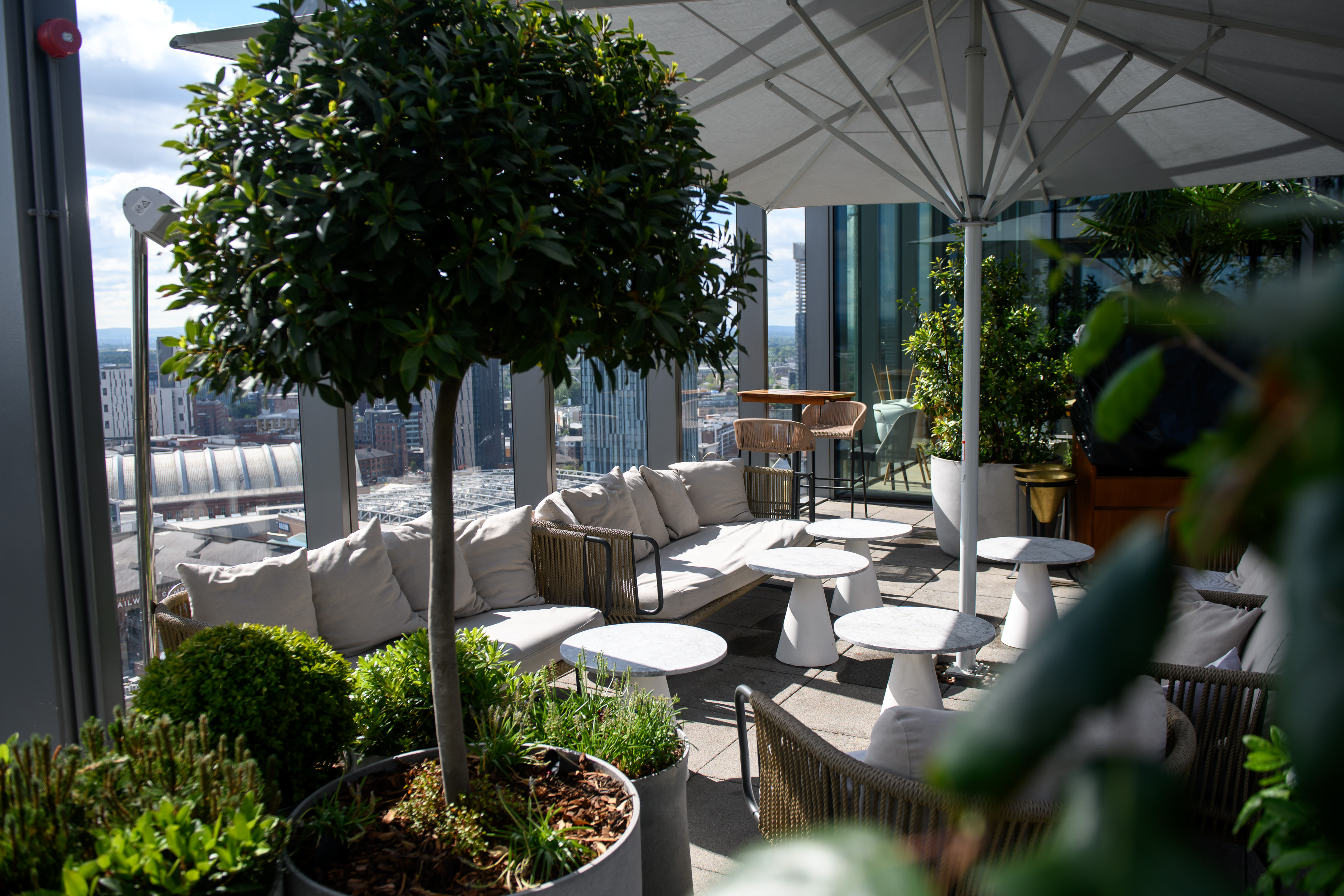 Stylish rooftop terrace at 20 Stories Restaurant for upscale events with city views.