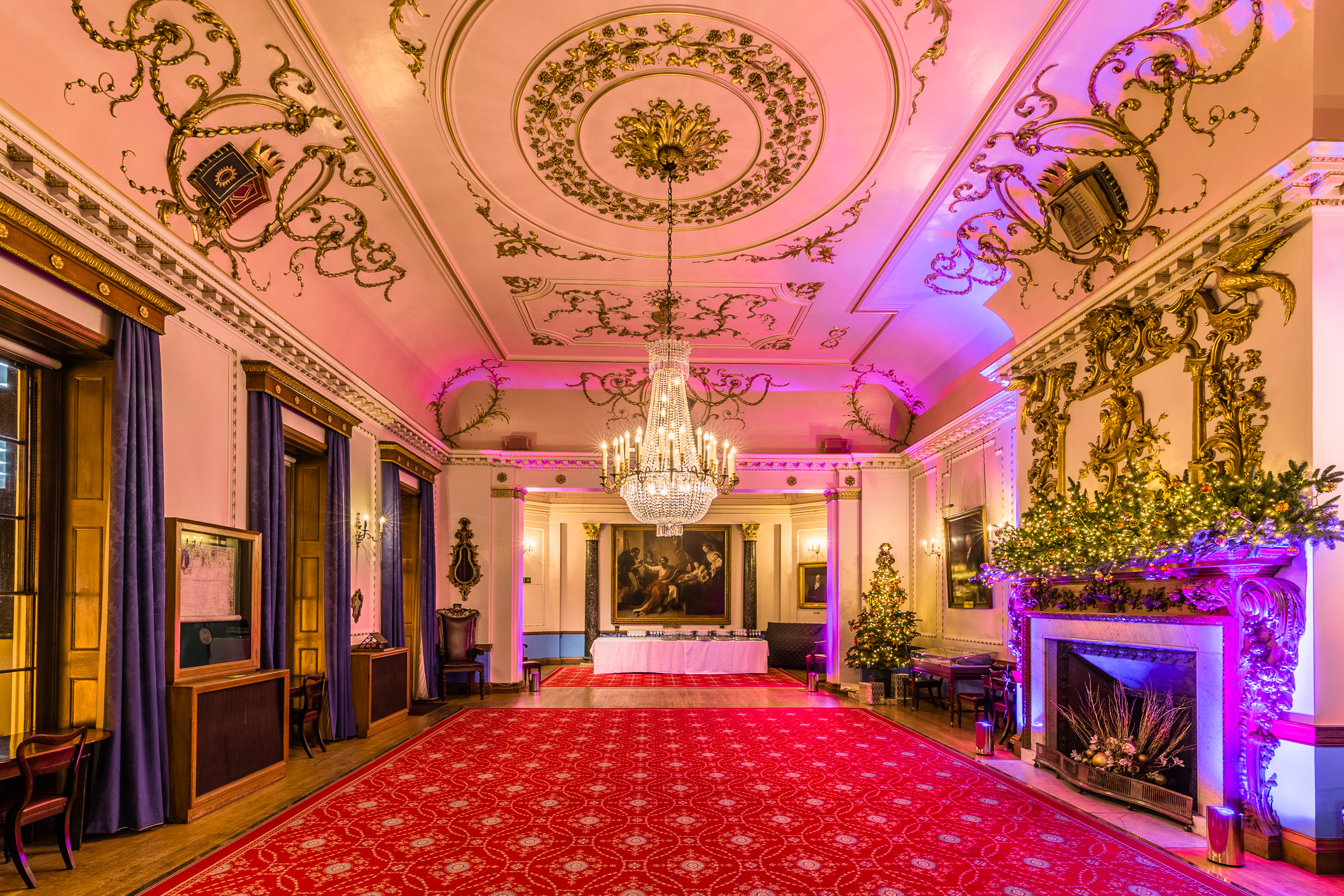 Elegant Court Room with ornate ceilings, ideal for holiday parties and formal receptions.
