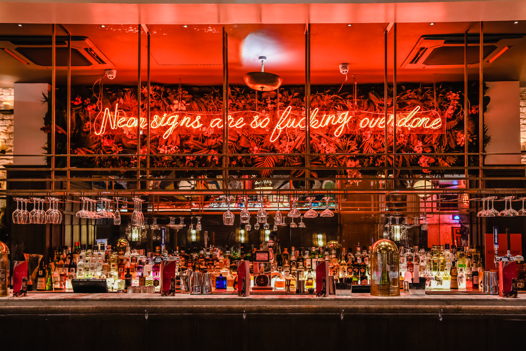 Vibrant bar at Mezzanine, BLVD Spinningfields, ideal for creative events and gatherings.