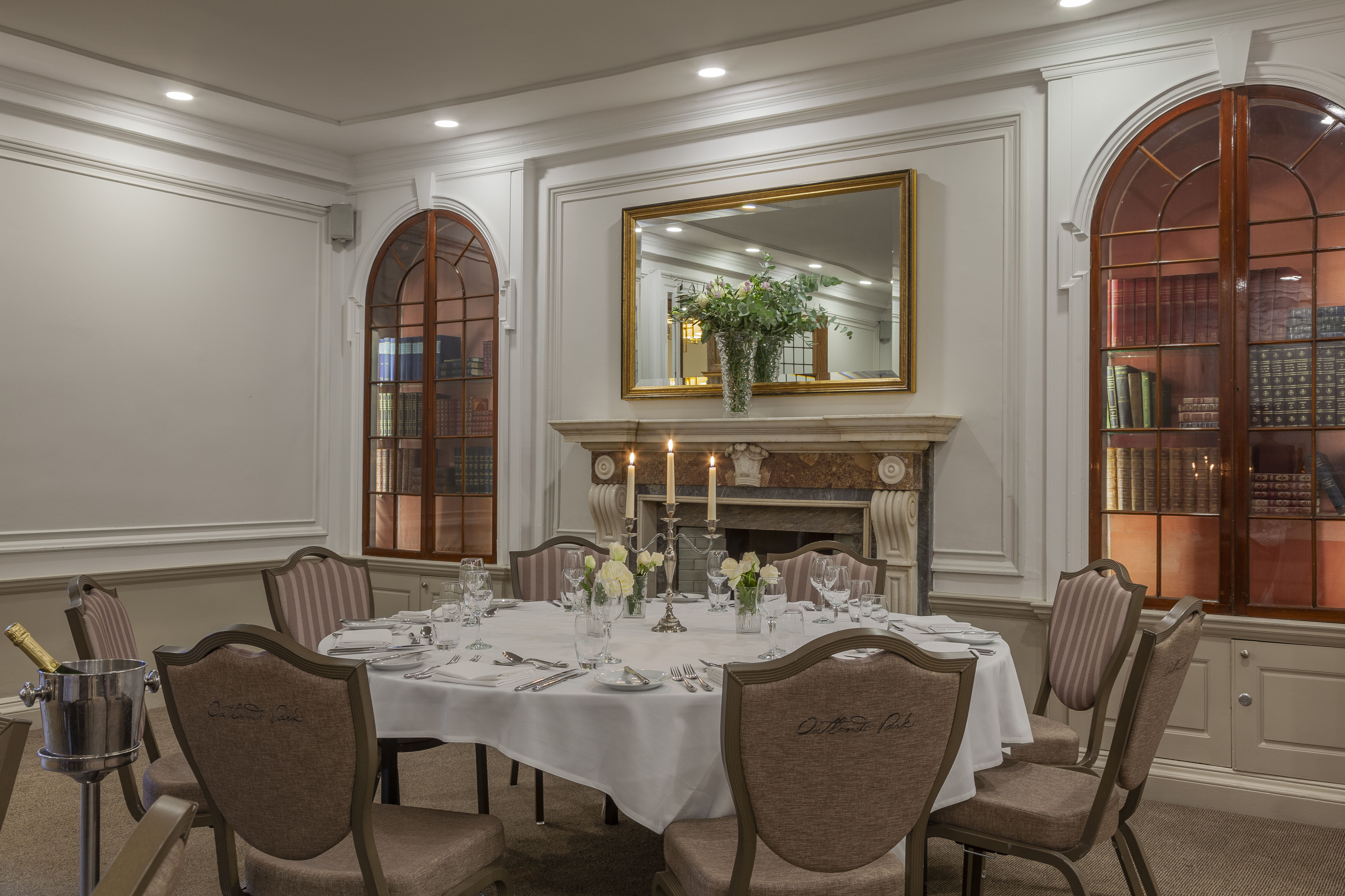 Elegant dining table in Oatlands Park Hotel's Garden Room for corporate dinners and gatherings.
