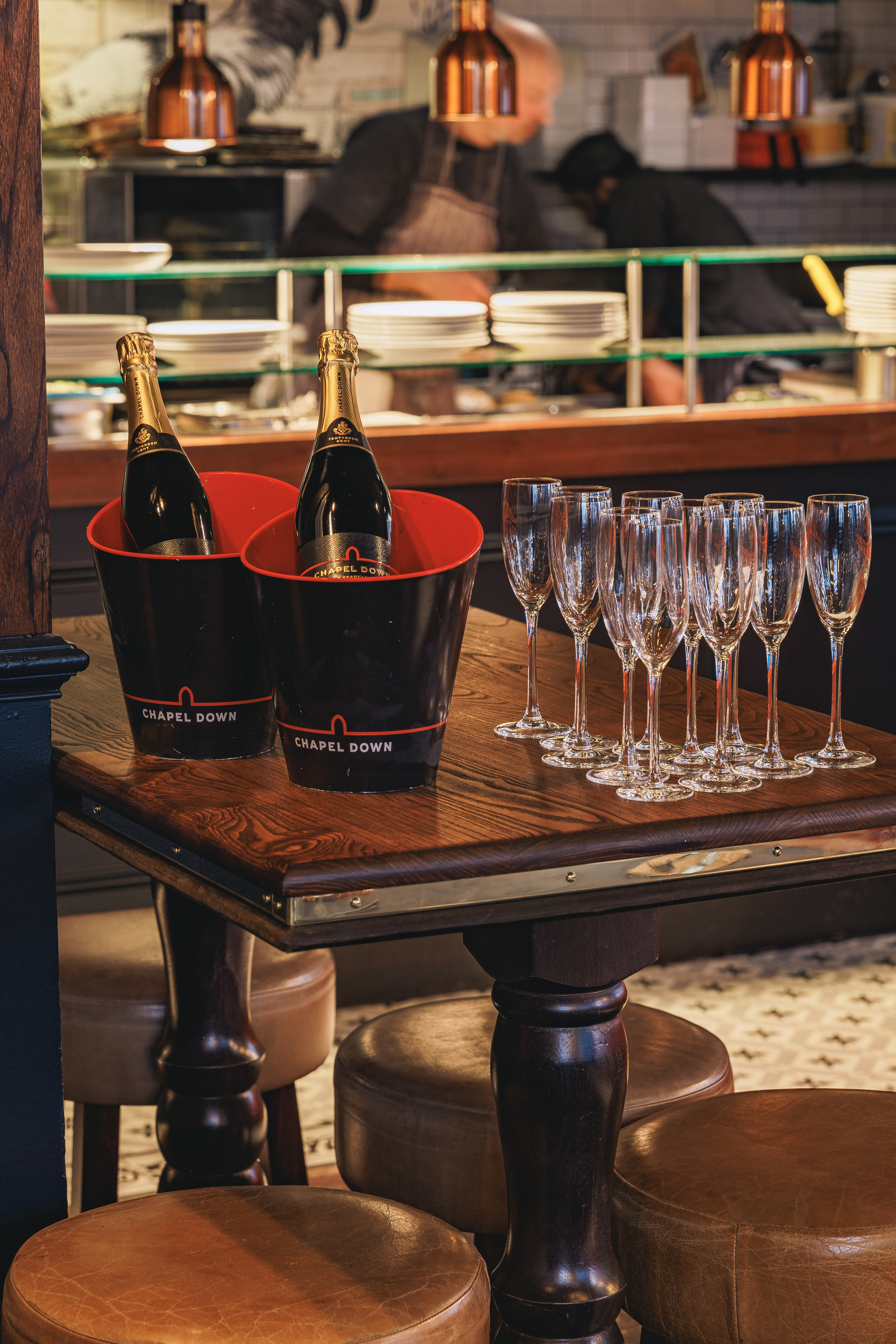 Elegant champagne setup with flutes at Balls Brothers Austin Friars for weddings and events.