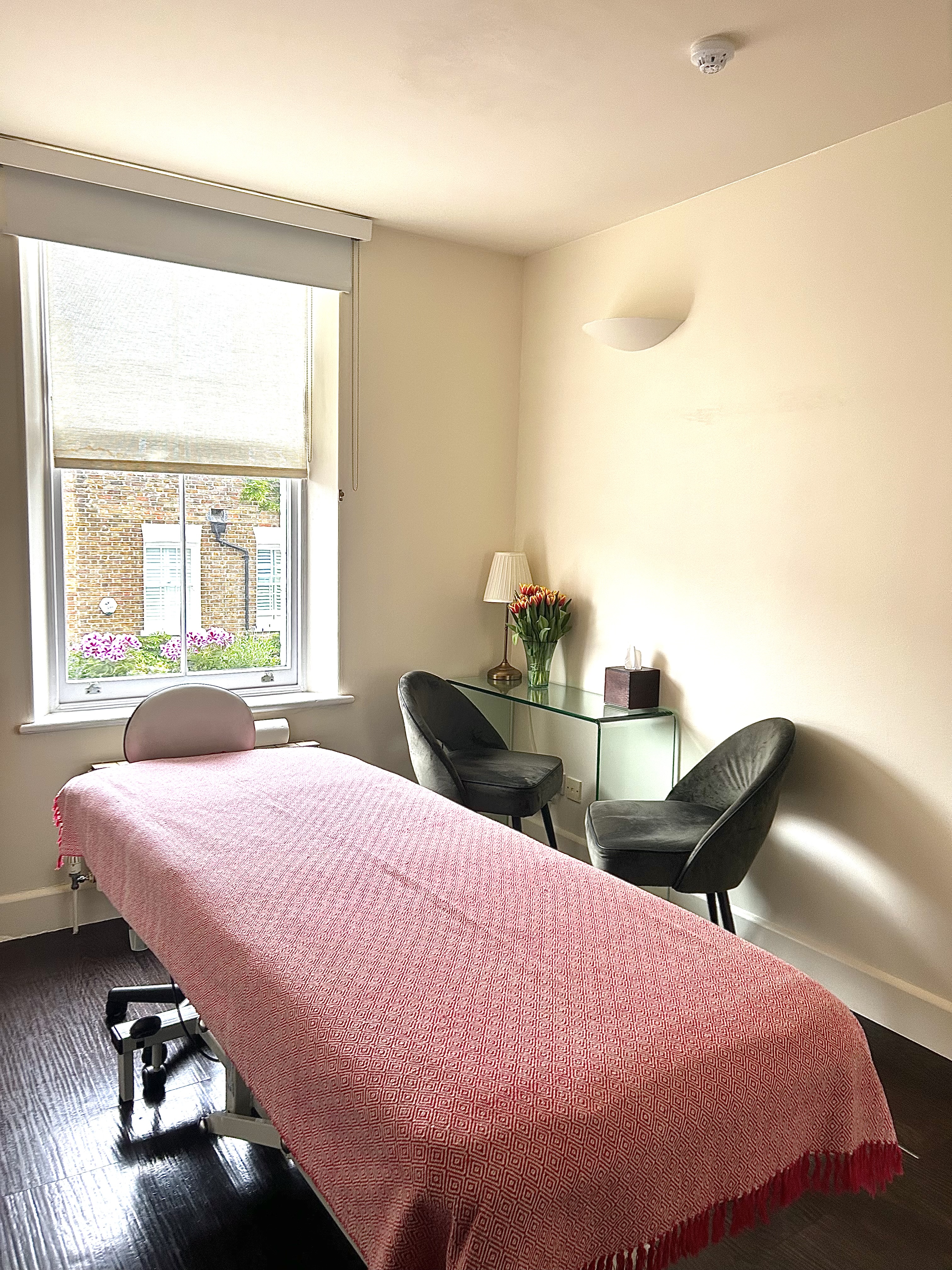 Serene treatment room with massage table for wellness retreats and corporate events