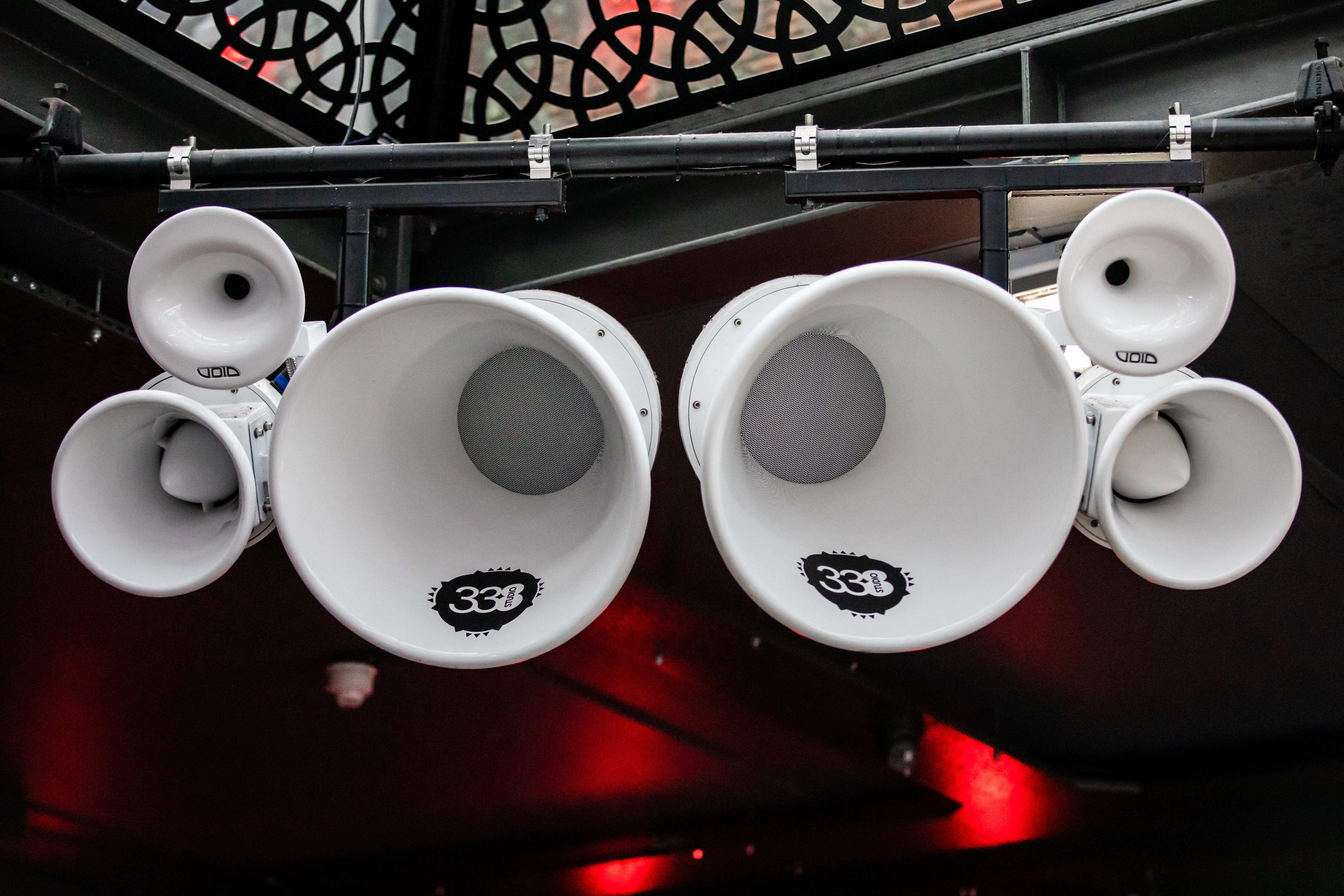 High-quality sound speakers in Studio 338 for immersive audio at events.