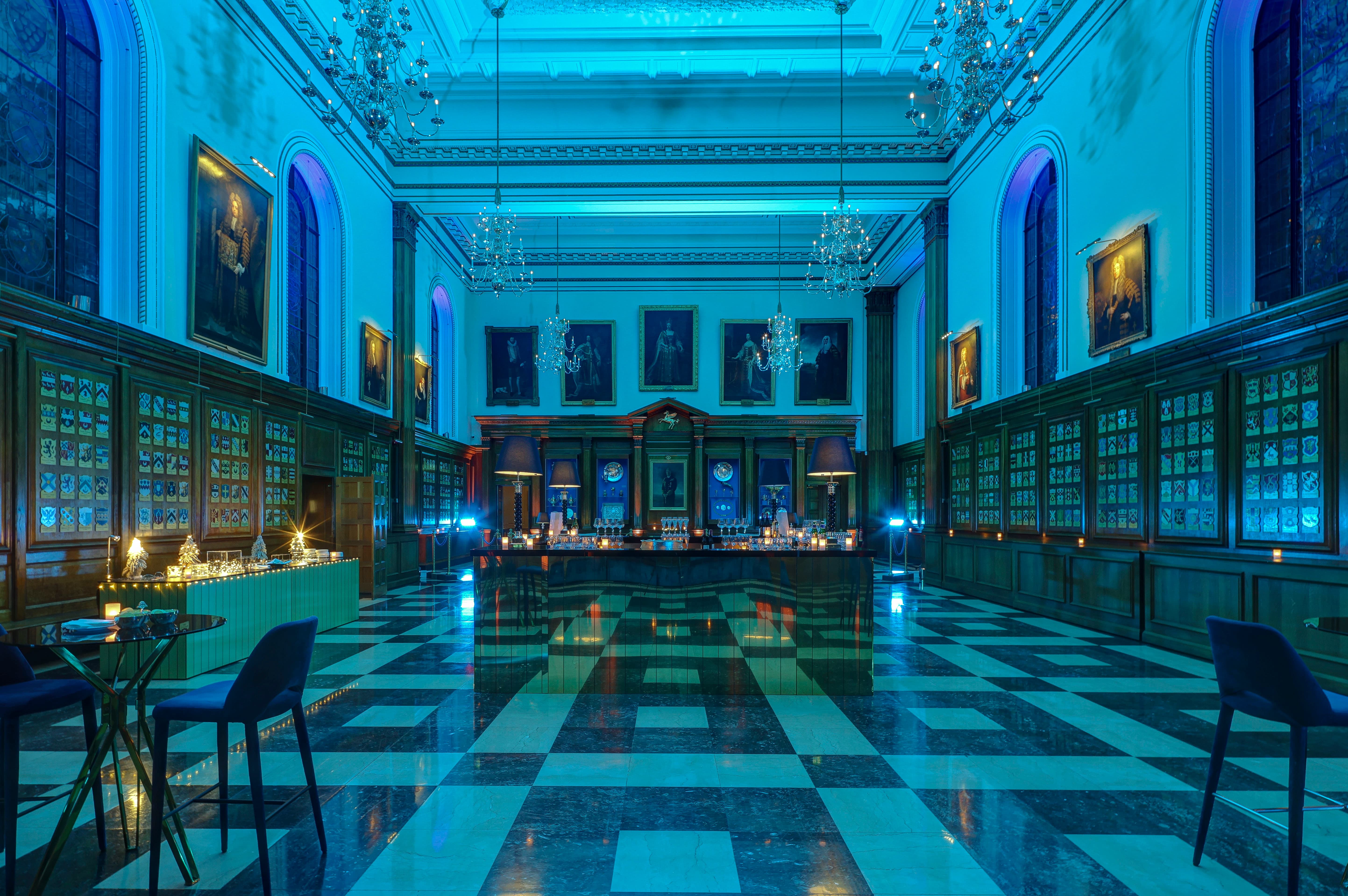 Inner Temple Hall with bold LED lighting for luxury gala or evening cocktail reception events.