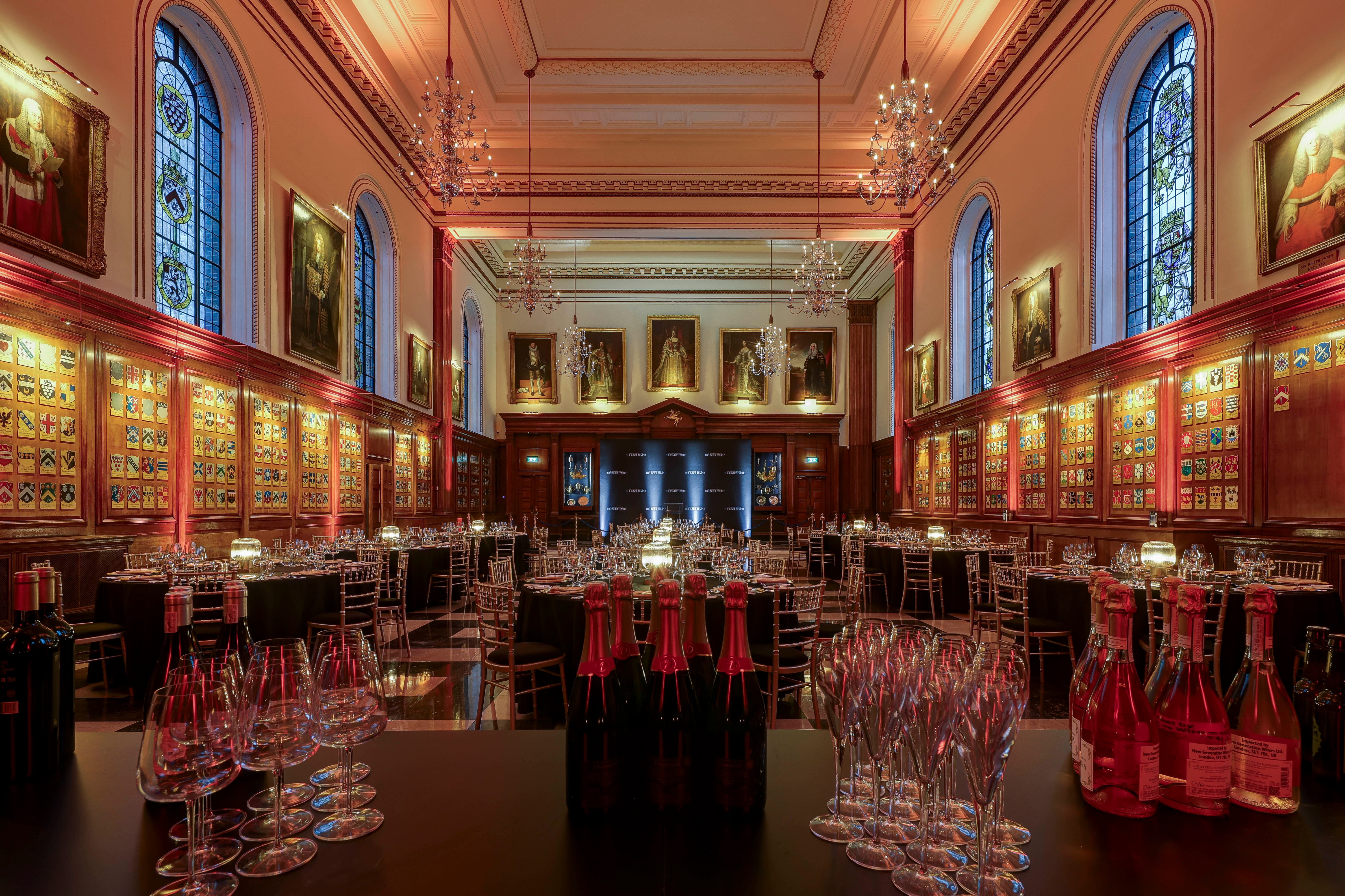 Inner Temple Hall banquet setup with ambient lighting for formal gala or corporate dinner events.