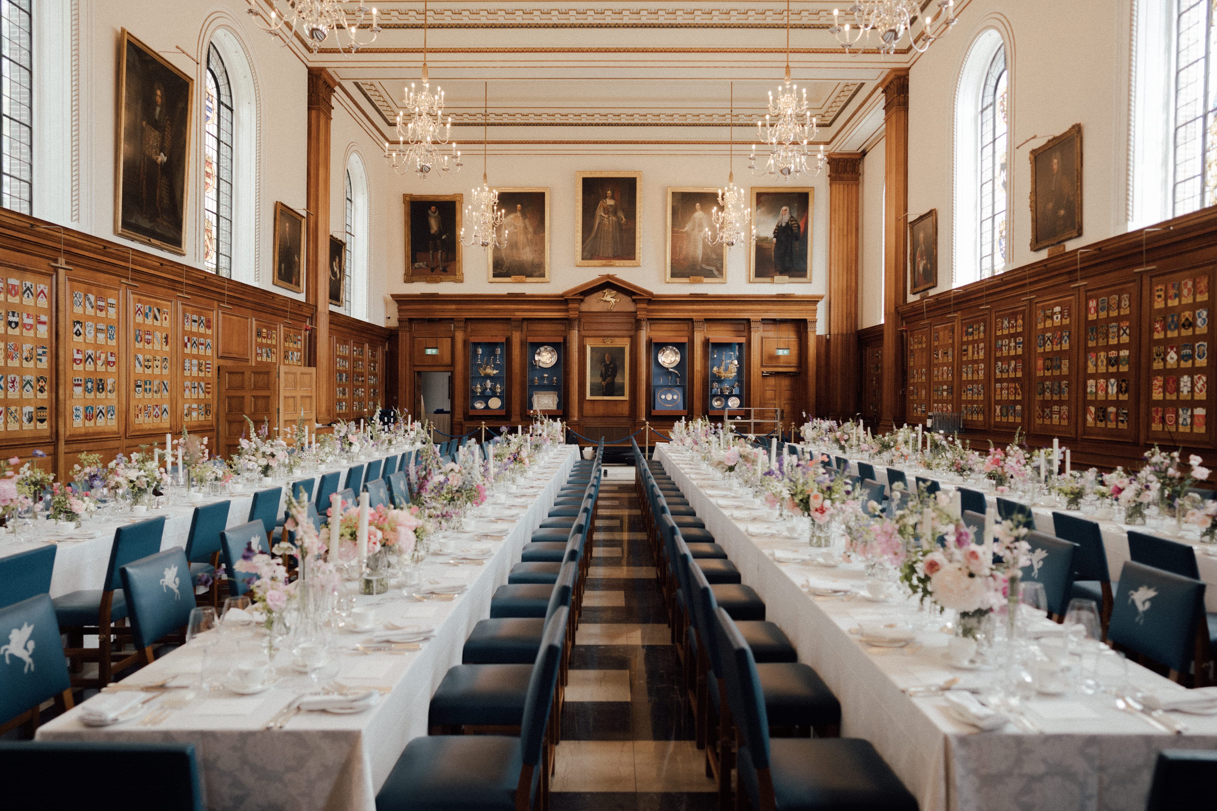 Formal banquet setup with long tables at Inner Temple Hall, perfect for corporate events and galas.