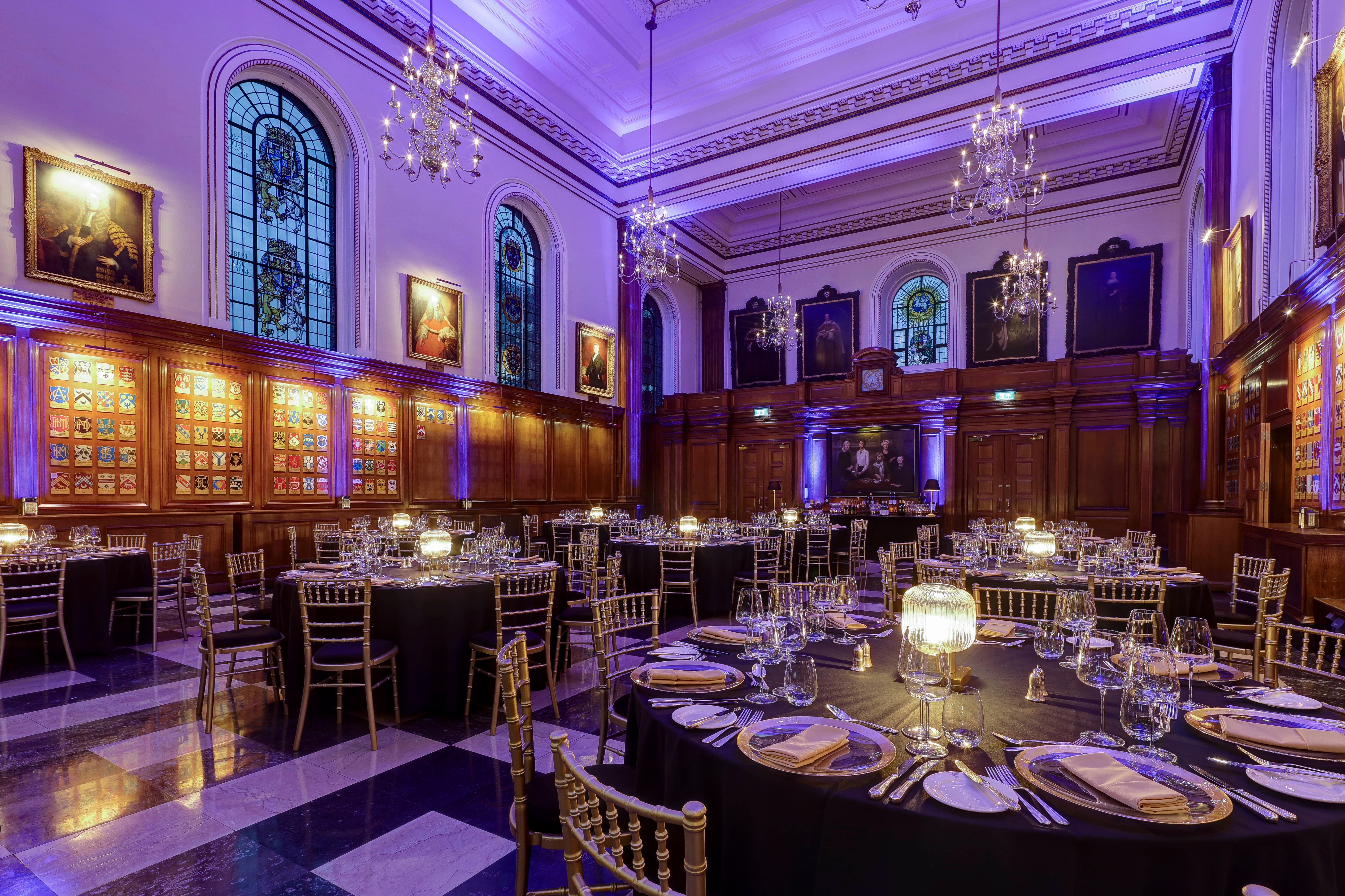 Inner Temple Hall banquet space with uplighting for gala and awards dinner events.