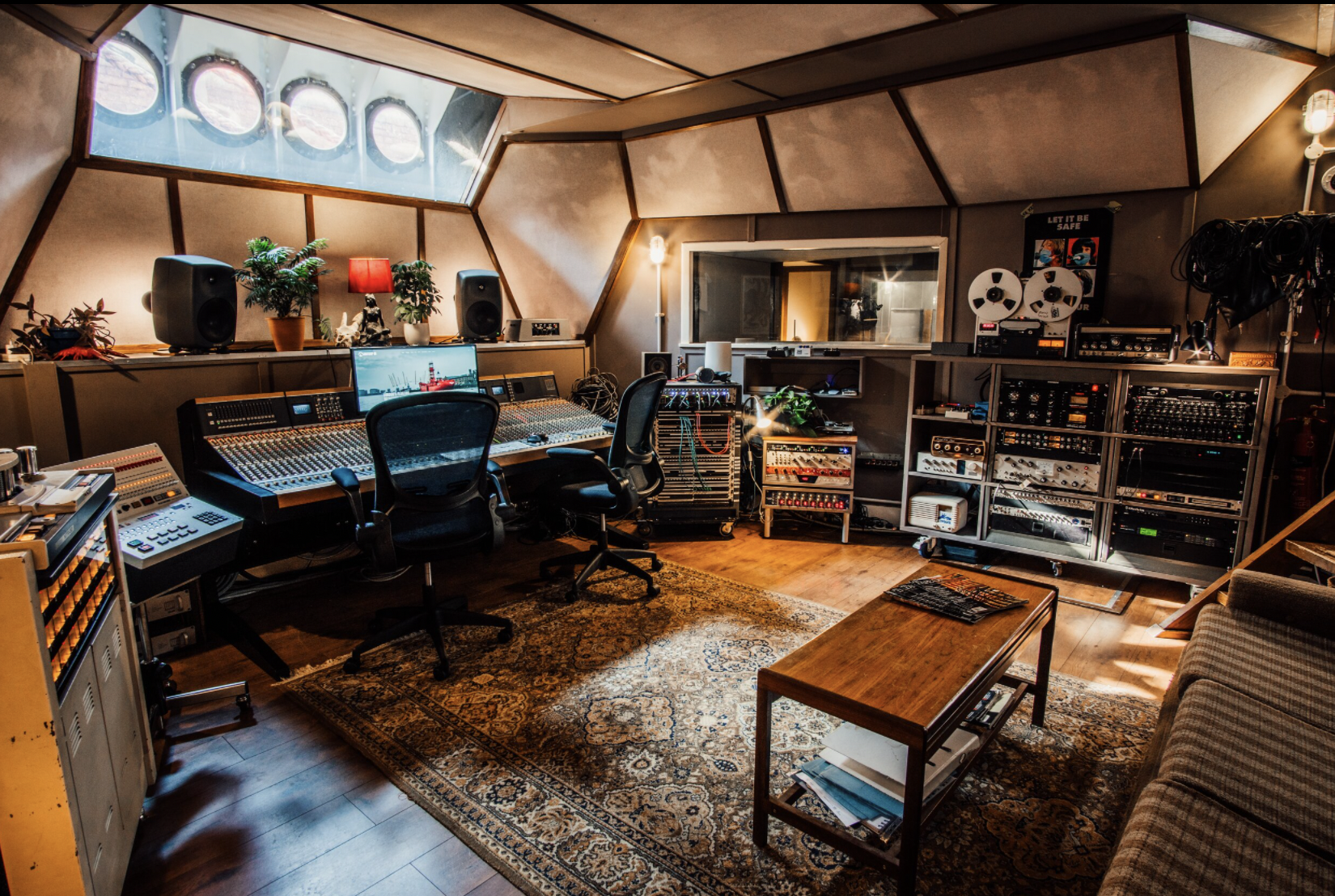 Recording studio in Lightship 95 with vintage-modern gear for creative workshops.