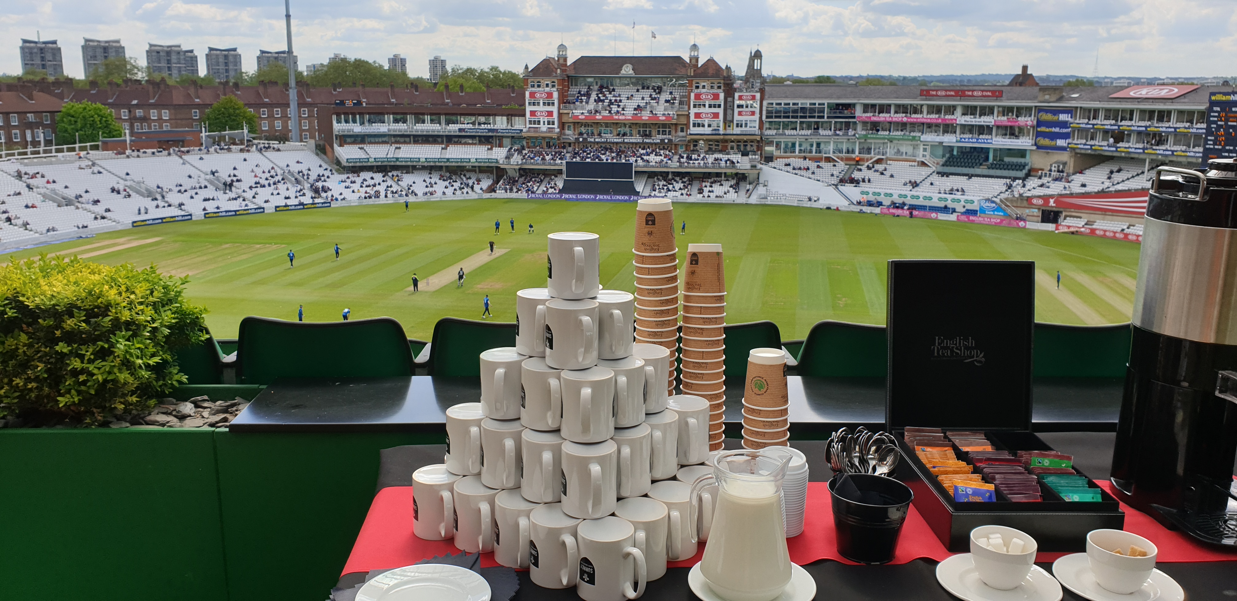 Corinthian Roof Terrace at Kia Oval, event space with tea setup for corporate gatherings.