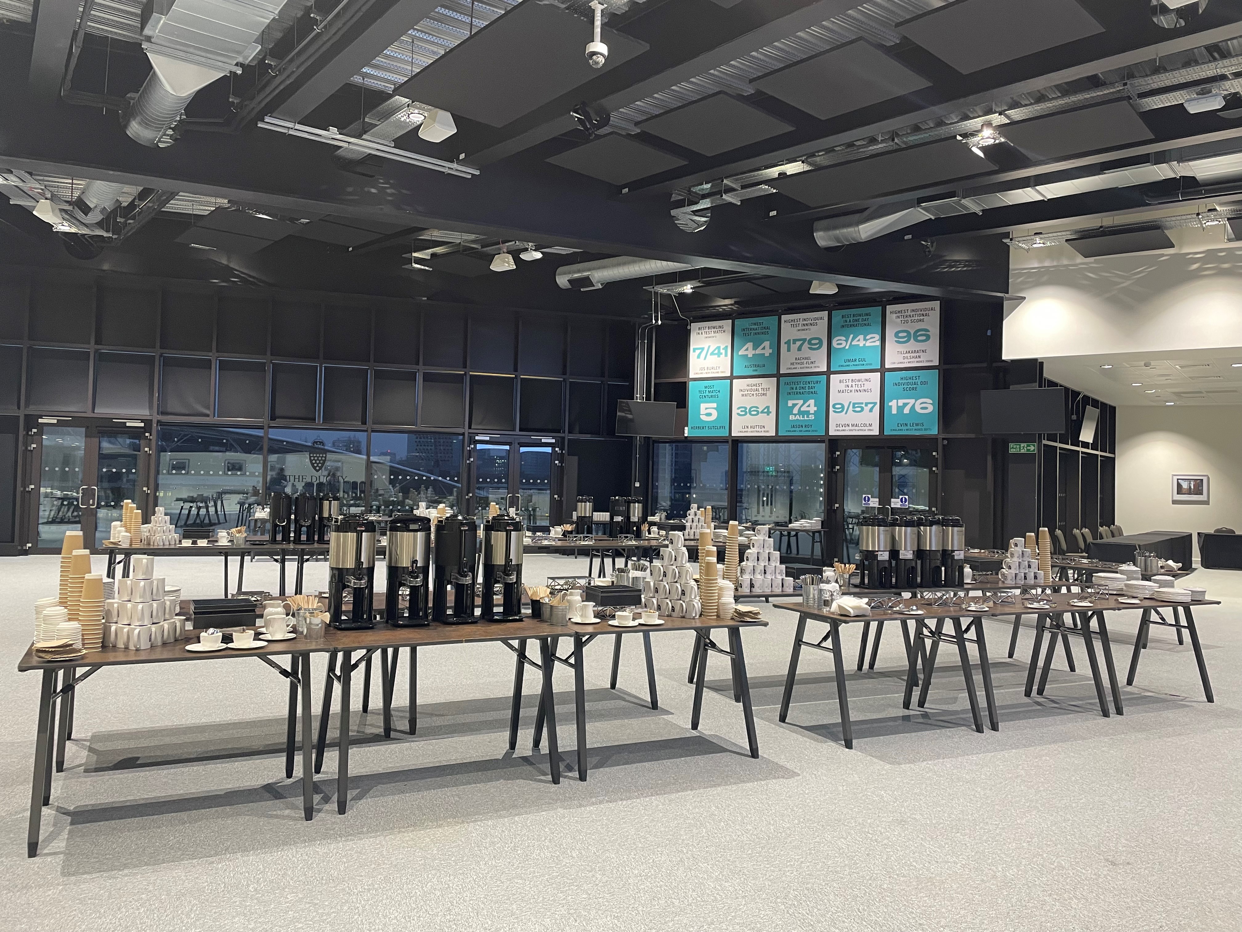Duchy Suite at Kia Oval: modern event space for meetings with natural light and refreshments.