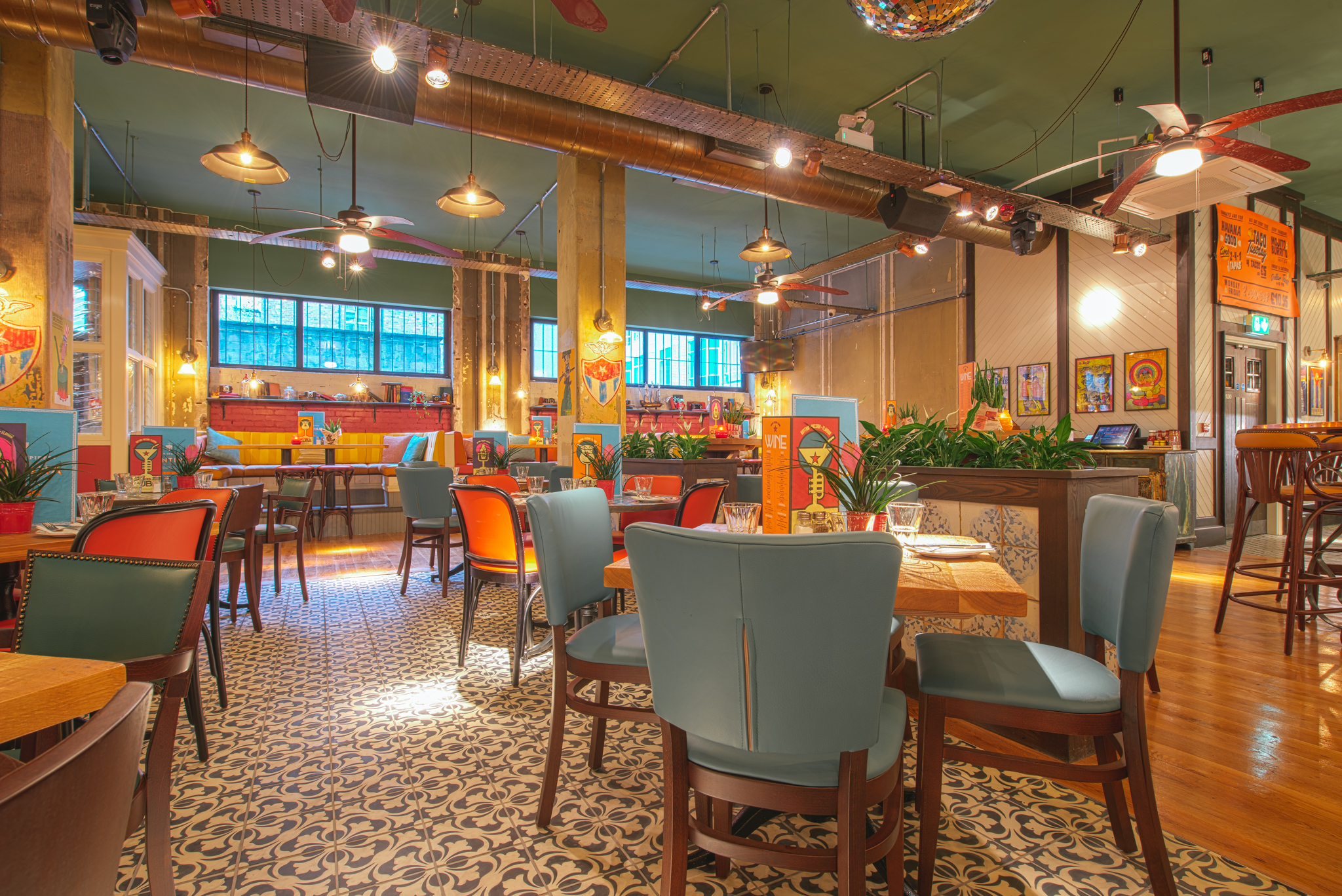 Vibrant dining space in Revolucion de Cuba Glasgow for casual meetings and events.