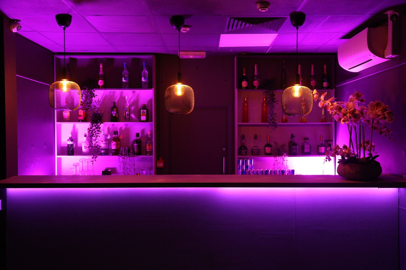 Stylish bar with purple lighting, ideal for cocktail receptions and networking events.