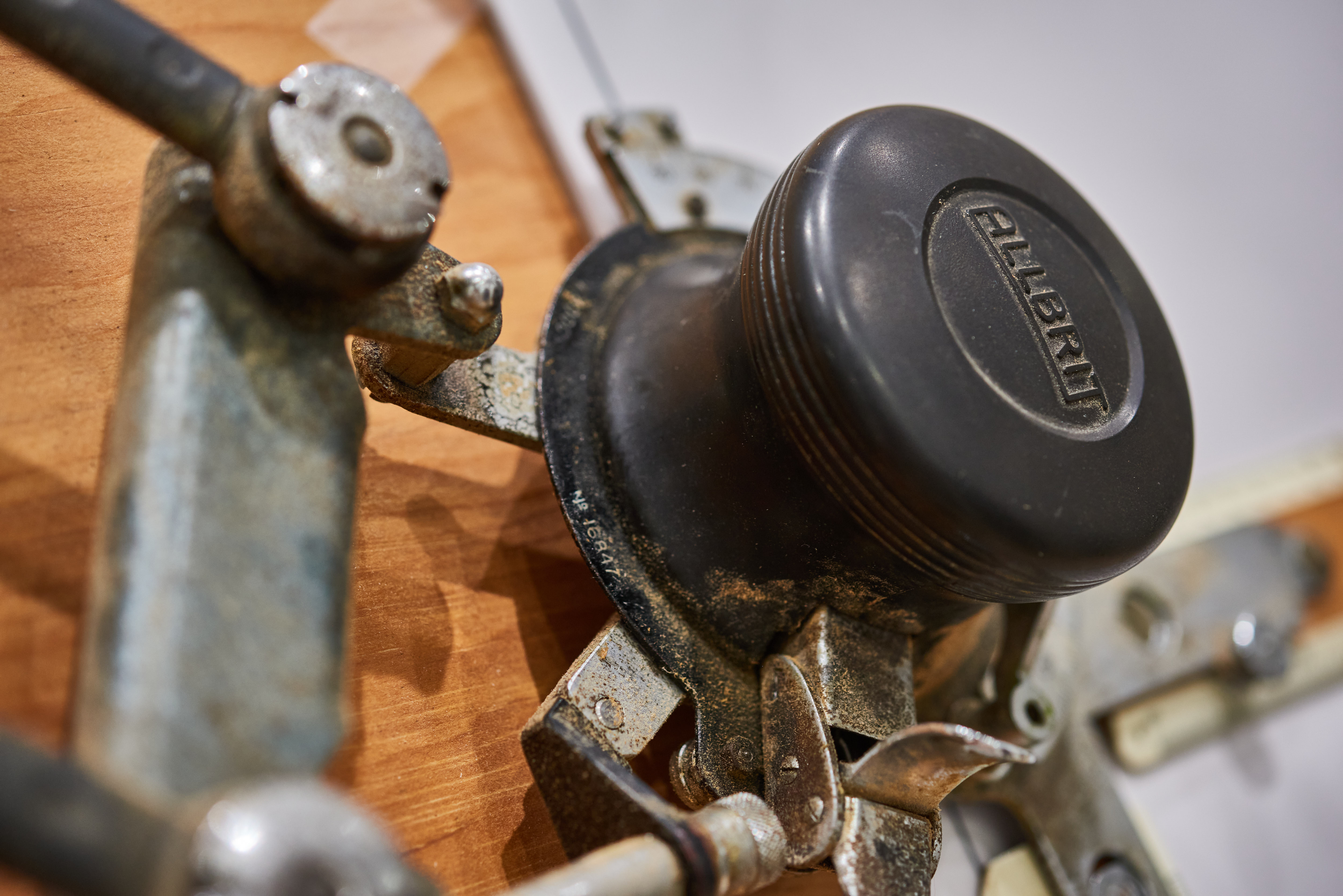 Vintage mechanical device in Master Boardroom, George House Business Centre, event setup.