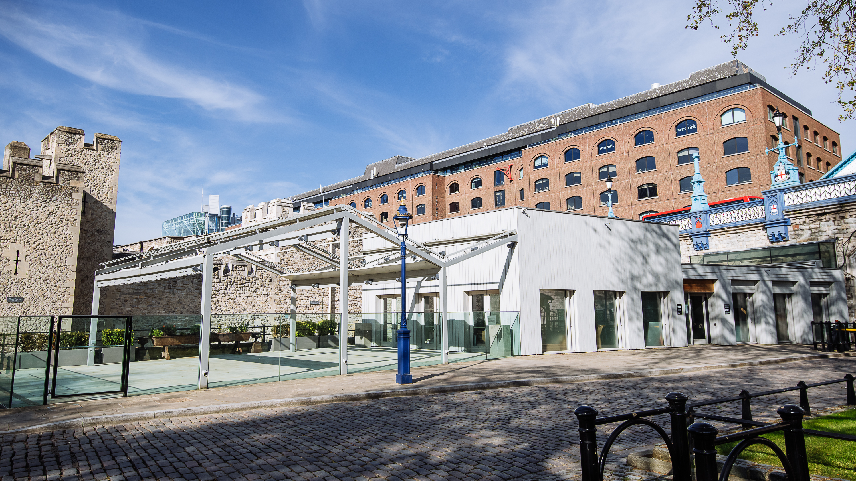 The Reveller event space at Tower of London, featuring a glass facade for corporate gatherings.