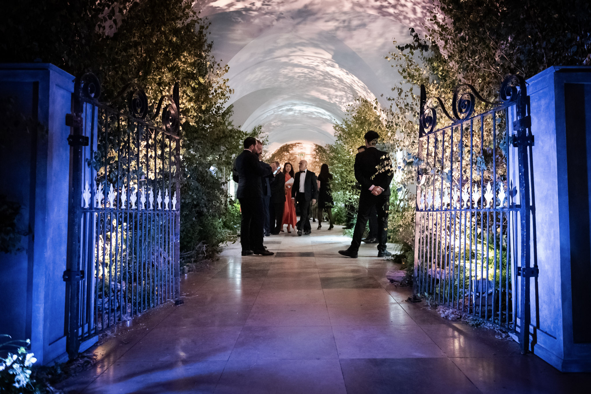 Elegant entrance at Banqueting House for sophisticated event hire with lush greenery.