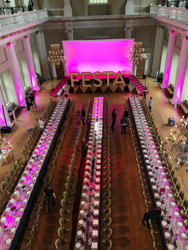 Whole Venue Hire at Banqueting House with festive pink lighting for elegant celebrations.