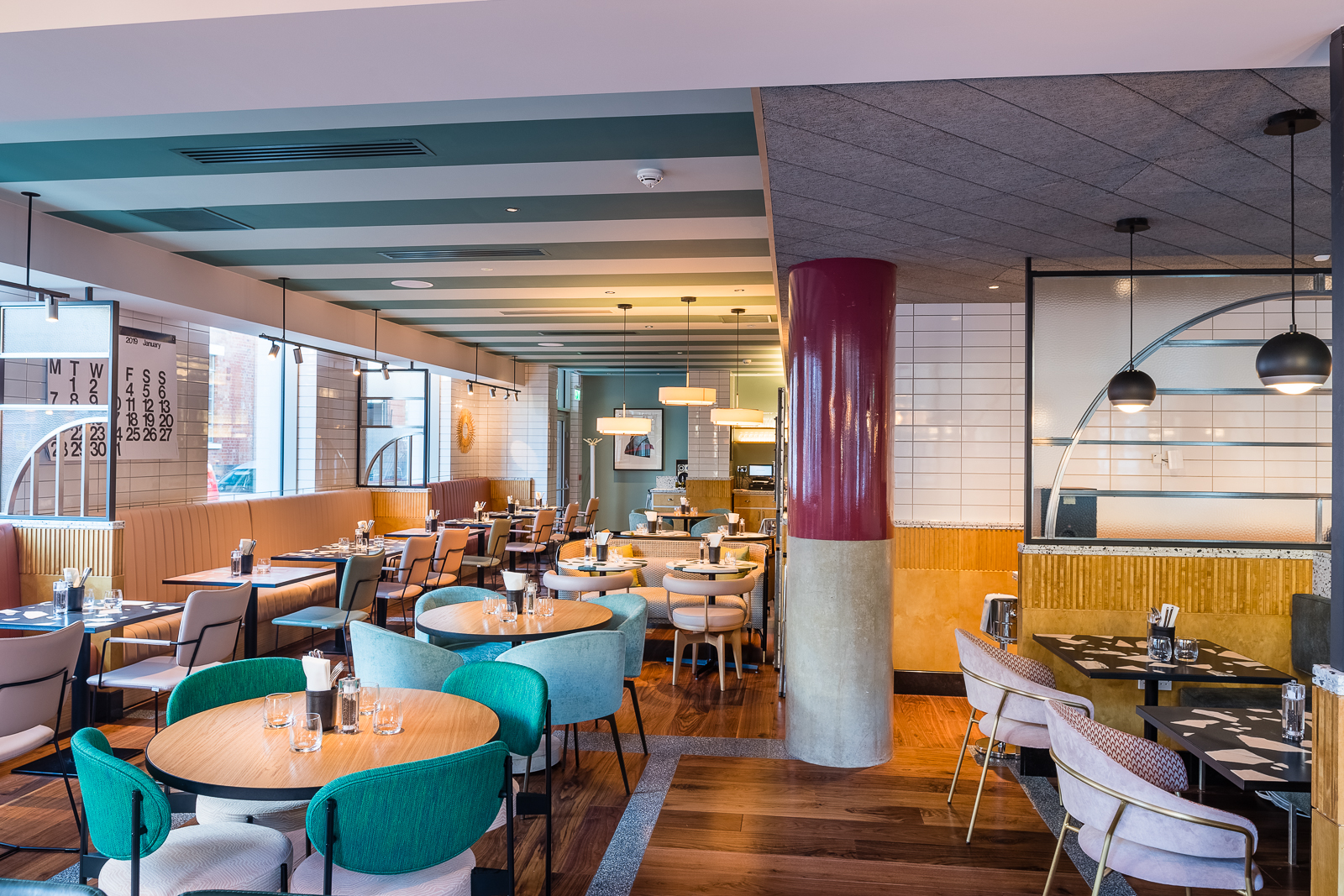 Modern Shakedown Restaurant at Tower Bridge, ideal for events with stylish seating and natural light.