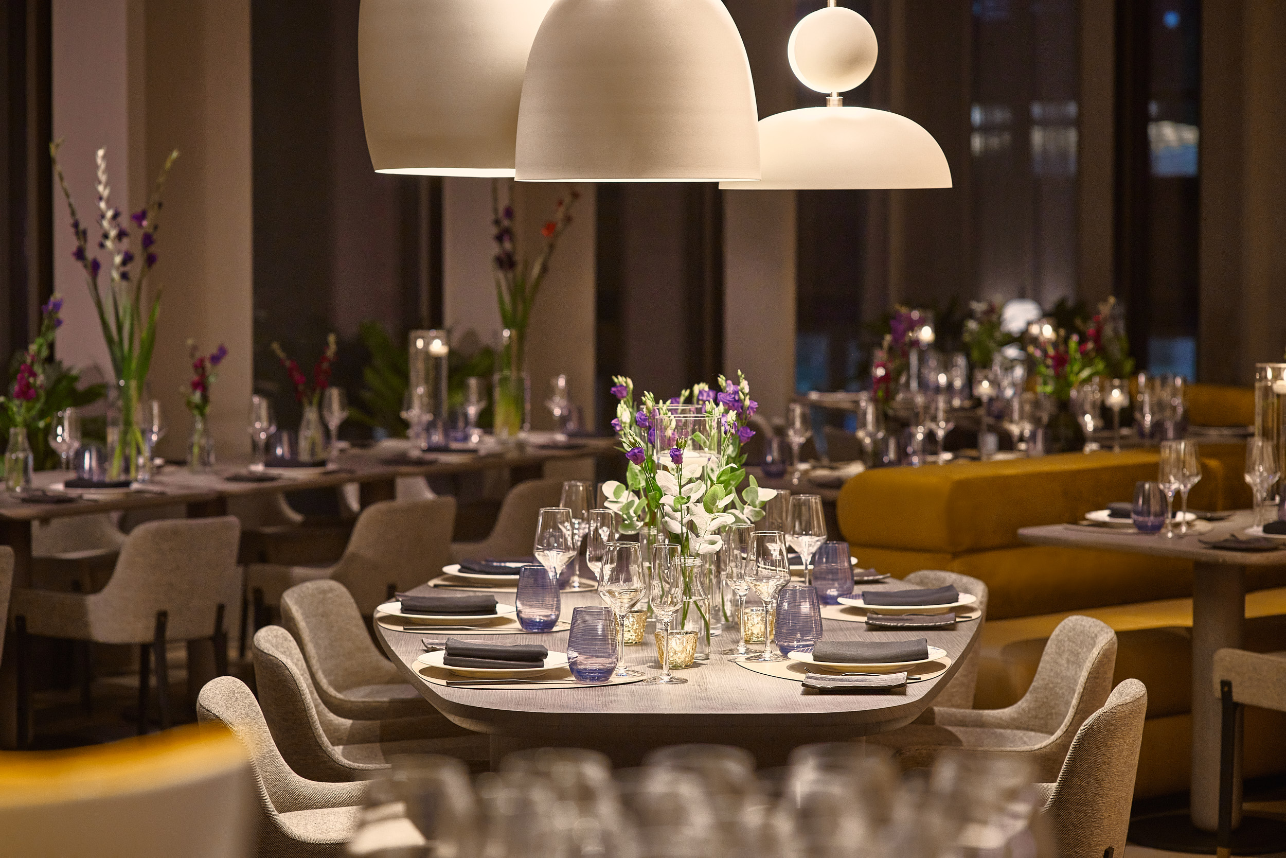 Elegant dining setup in Straits Kitchen for corporate events and upscale gatherings.