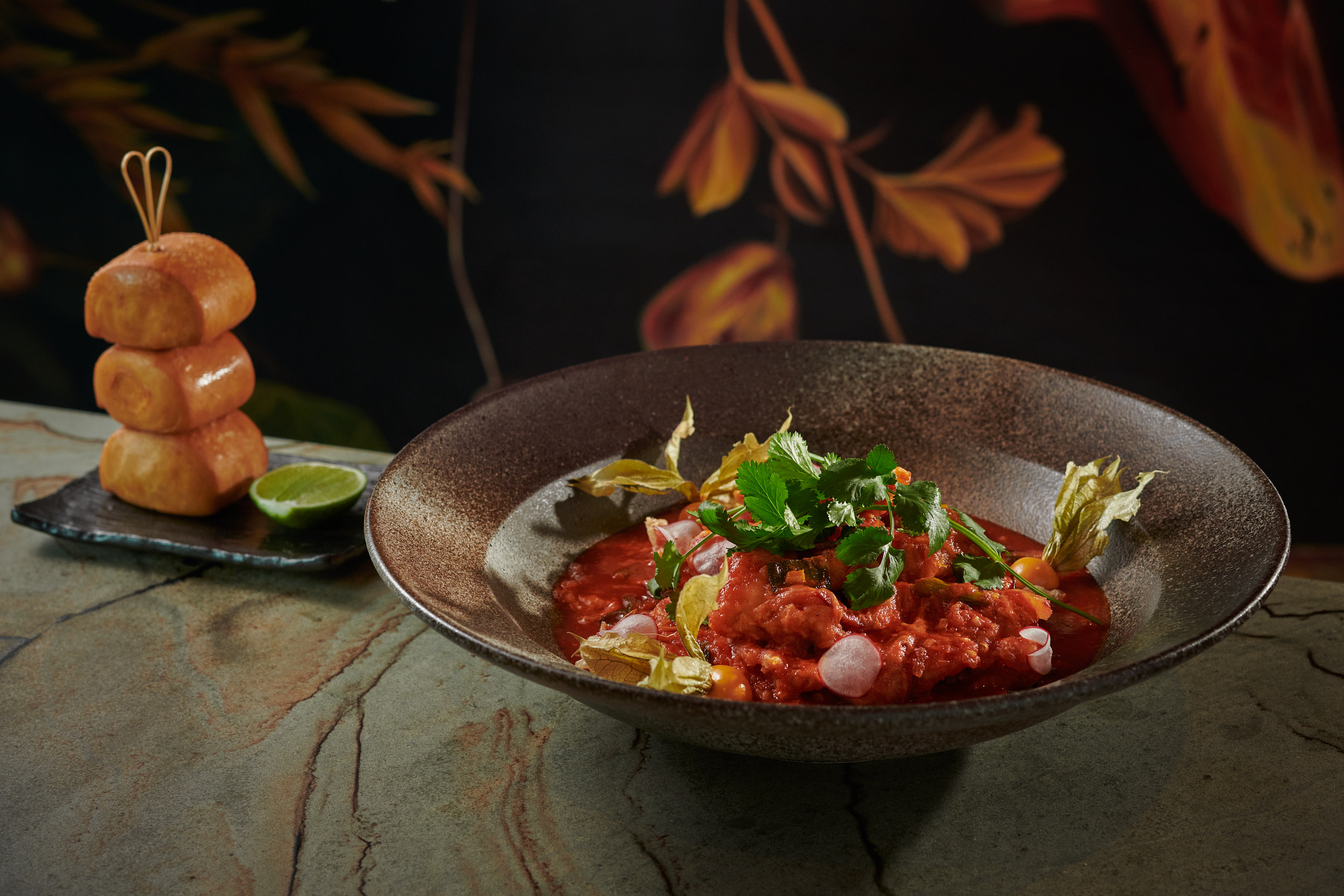 Upscale dish with vibrant colors for catering events at Straits Kitchen.