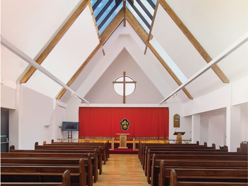 St James Mar Thoma Church Hall with high ceilings, perfect for workshops and community events.