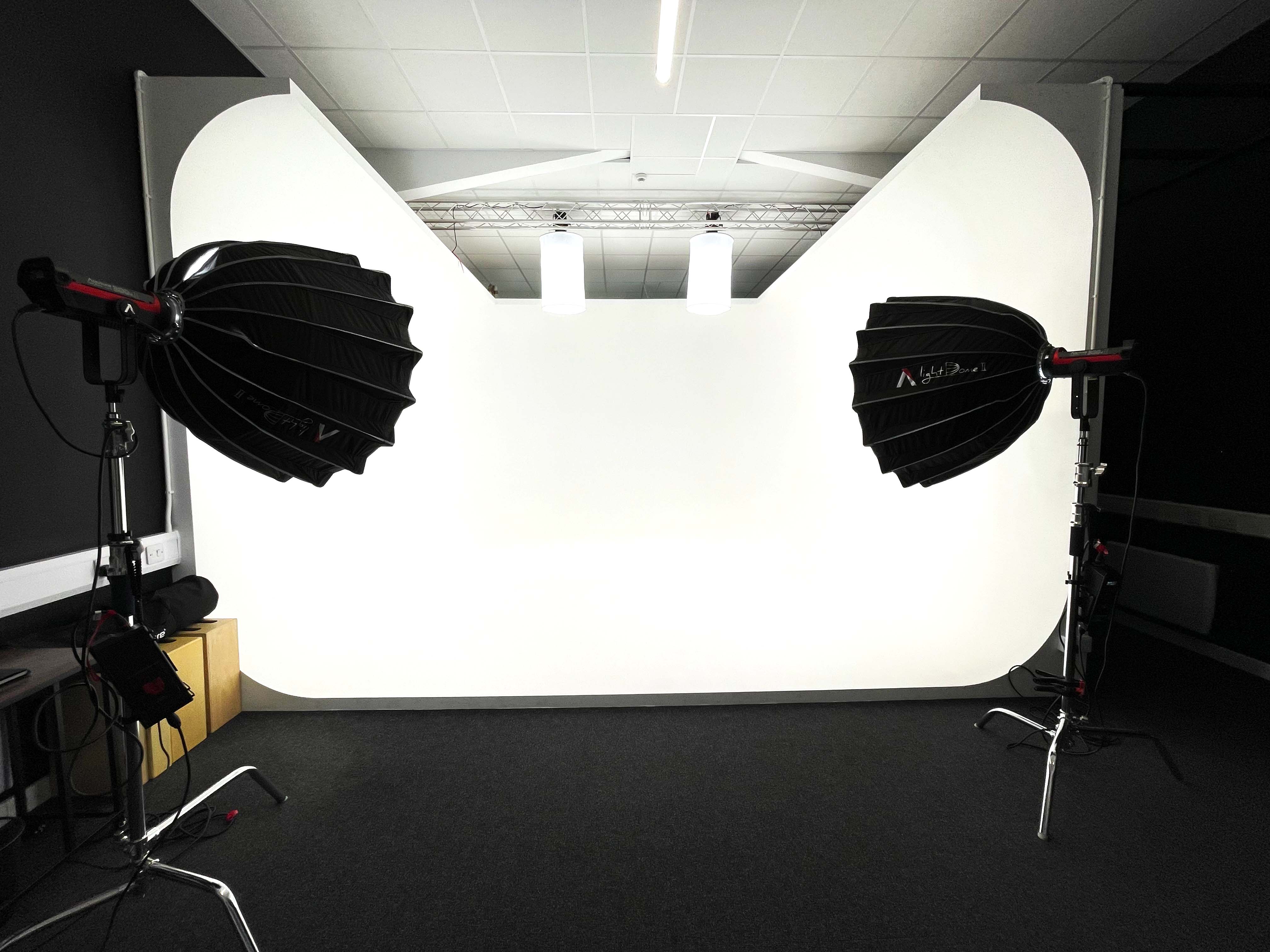 "Summer Isle Studios photography setup with softbox lights for events and branding."