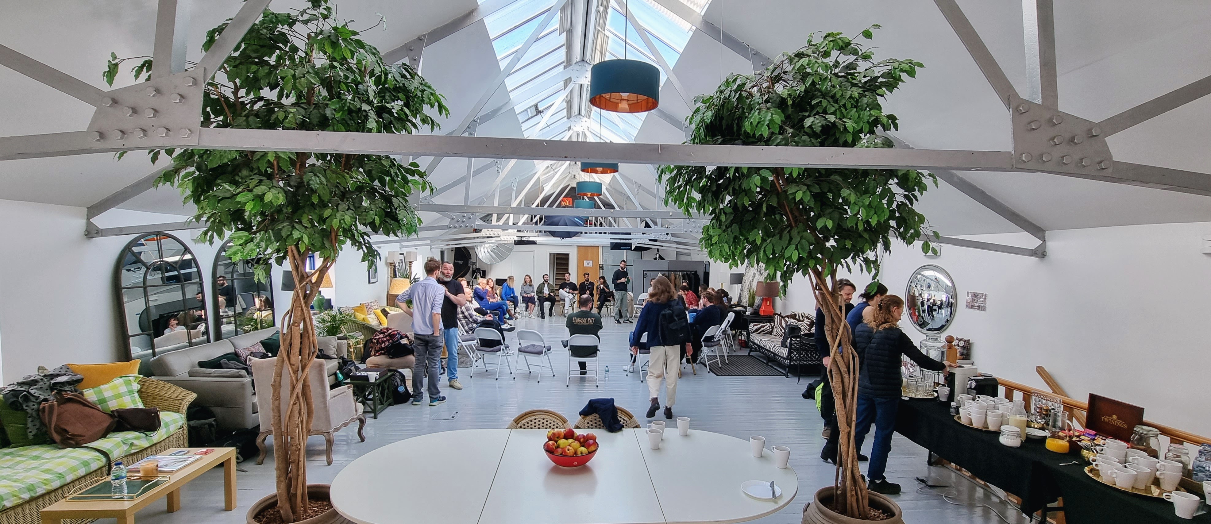 L'Atelier event space in Lumiere London, bright with skylights, perfect for workshops and gatherings.